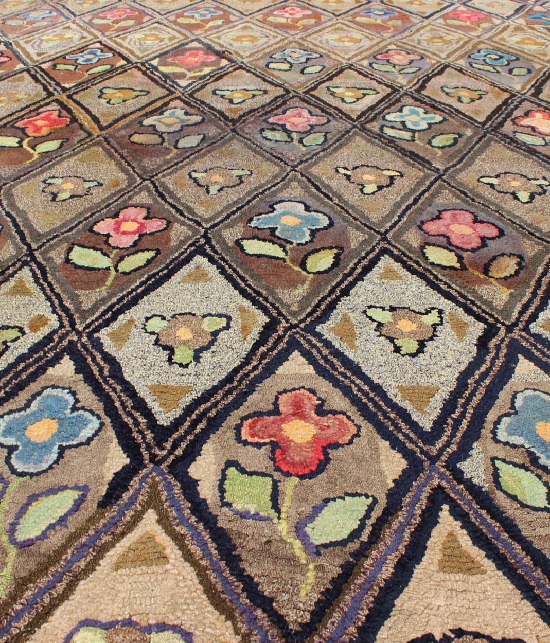 Outstanding Antique American Hooked Rug with Diamond Floral Design For Sale 3