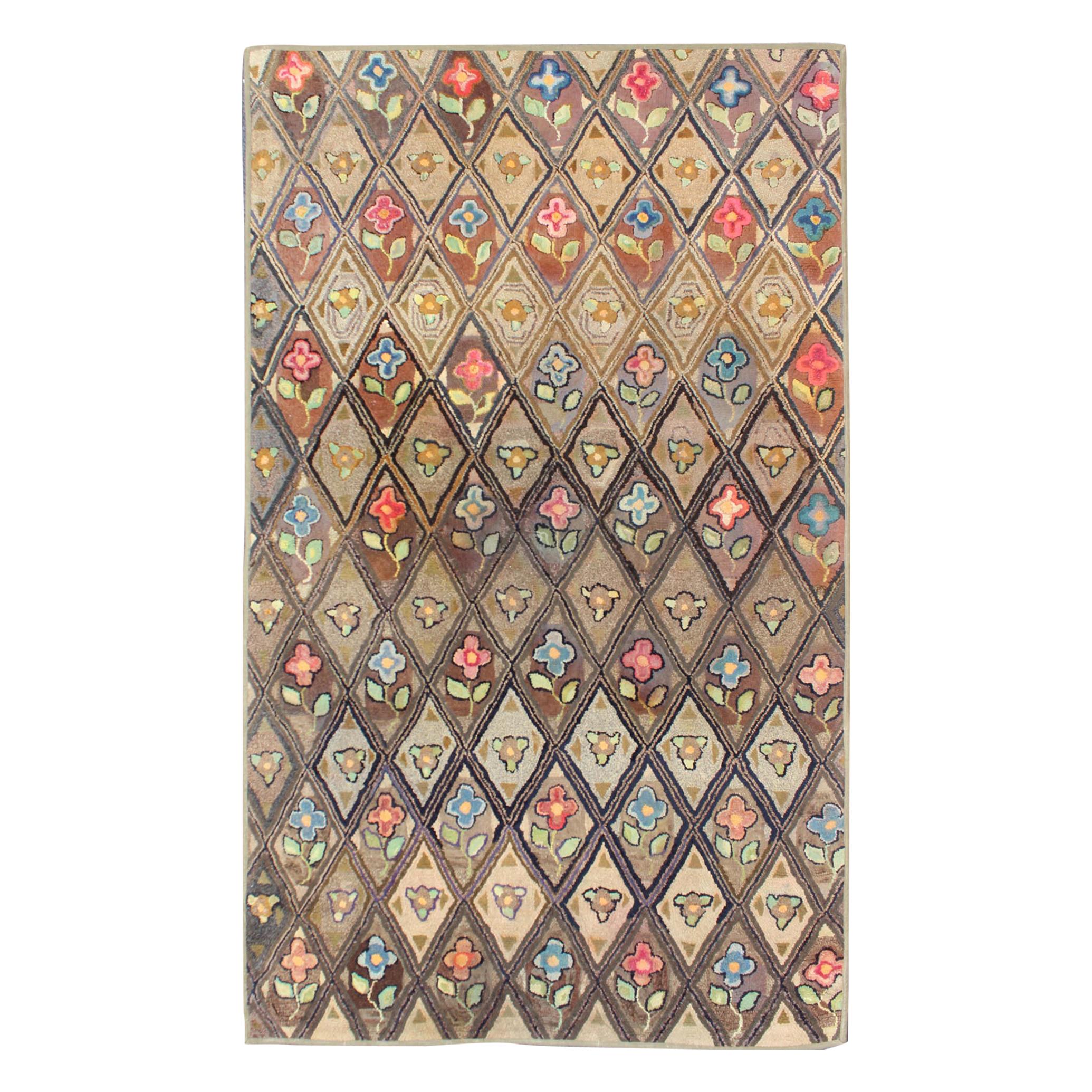 Outstanding Antique American Hooked Rug with Diamond Floral Design For Sale