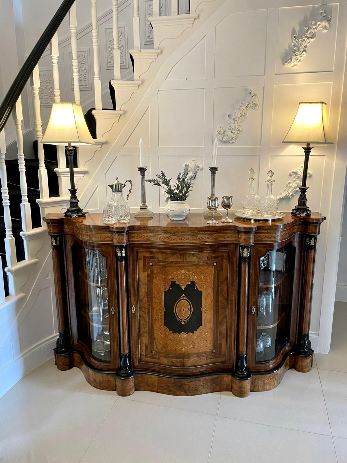 English Outstanding Antique Burr Walnut Marquetry Inlaid Serpentine Shaped Credenza