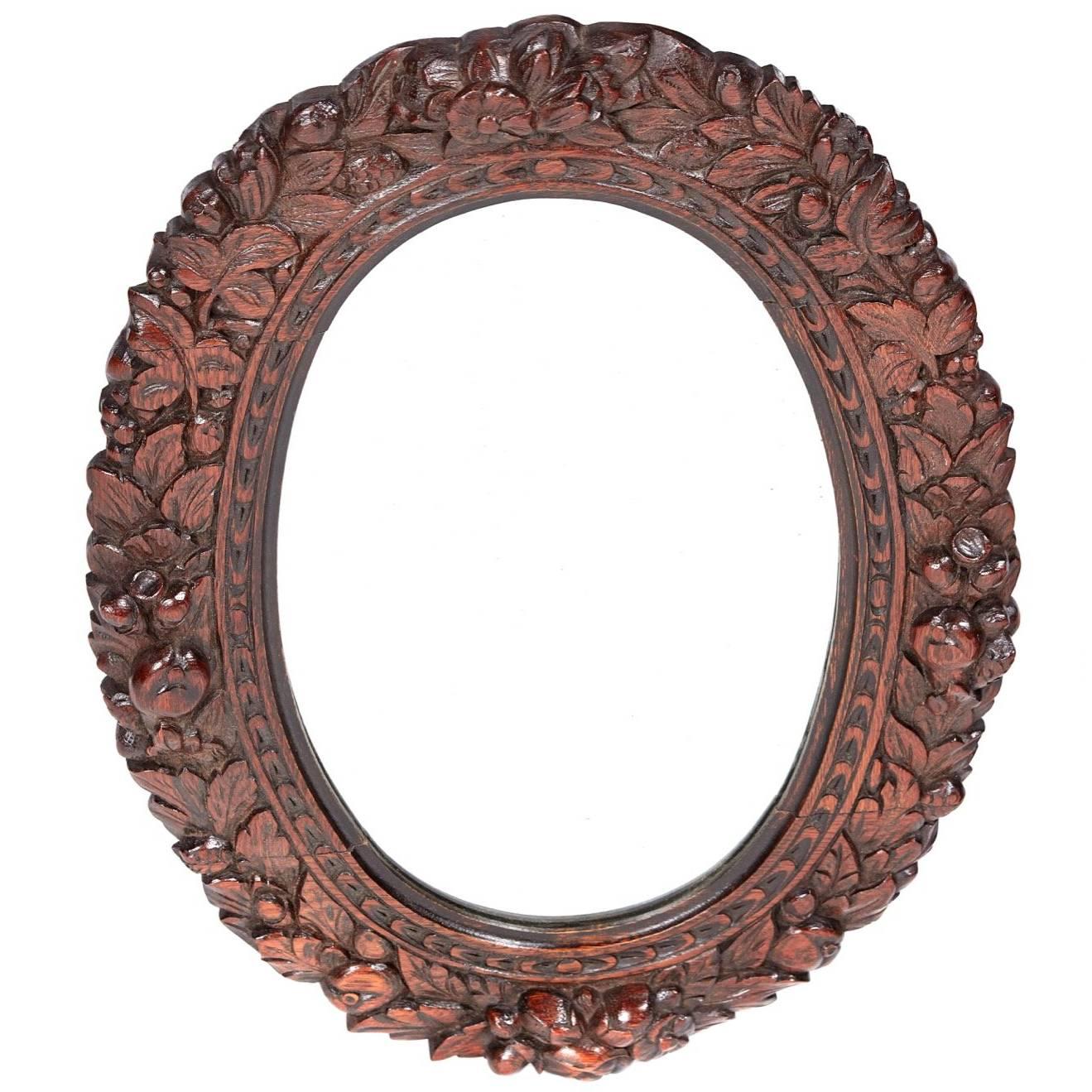 Outstanding Antique Carved Oak Oval Wall Mirror