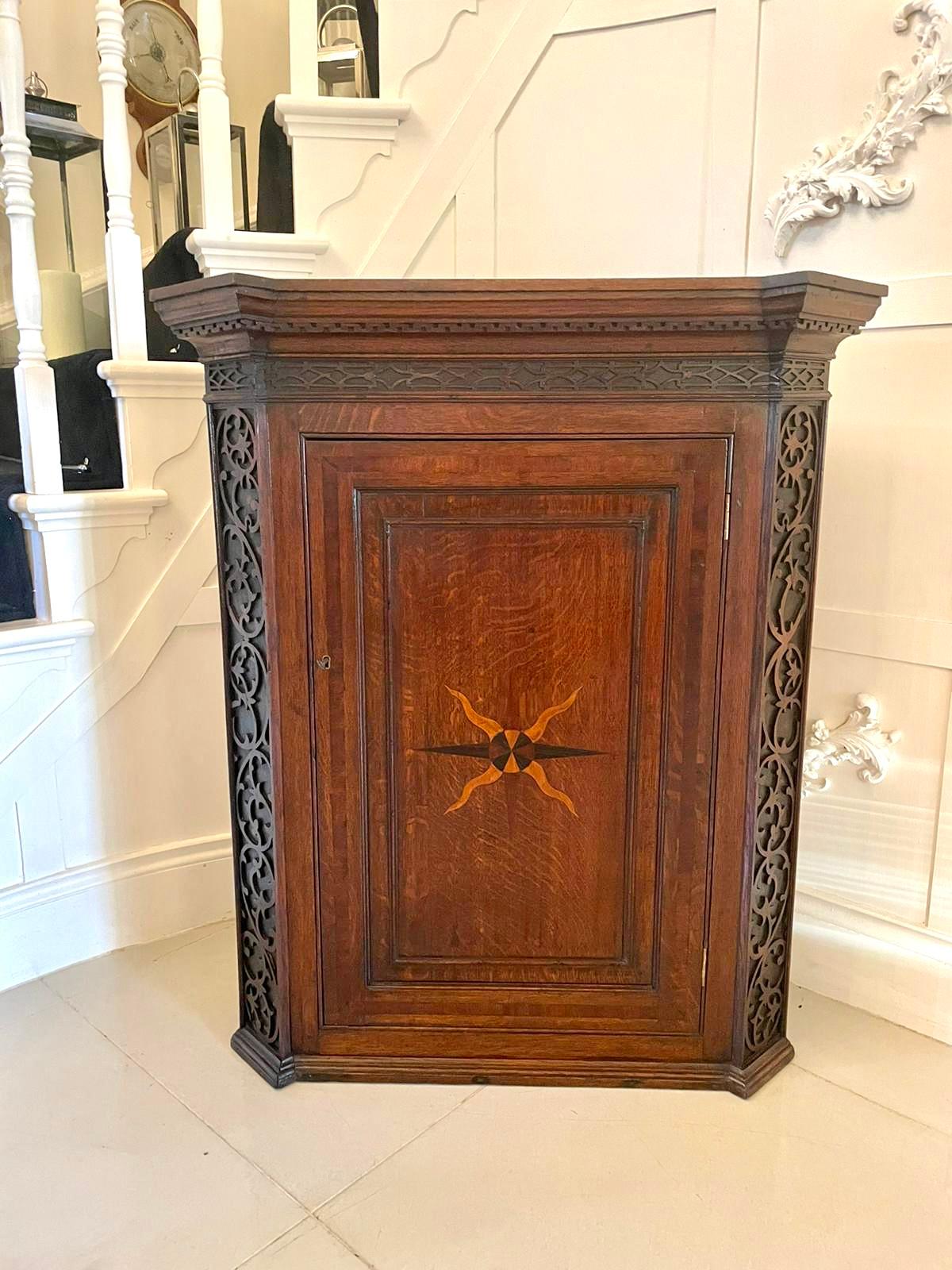 Outstanding Antique George III Quality Oak Inlaid Hanging Corner Cabinet Out For Sale 2