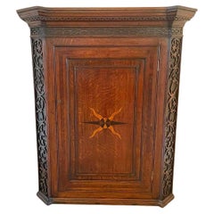 Outstanding Vintage George III Quality Oak Inlaid Hanging Corner Cabinet Out