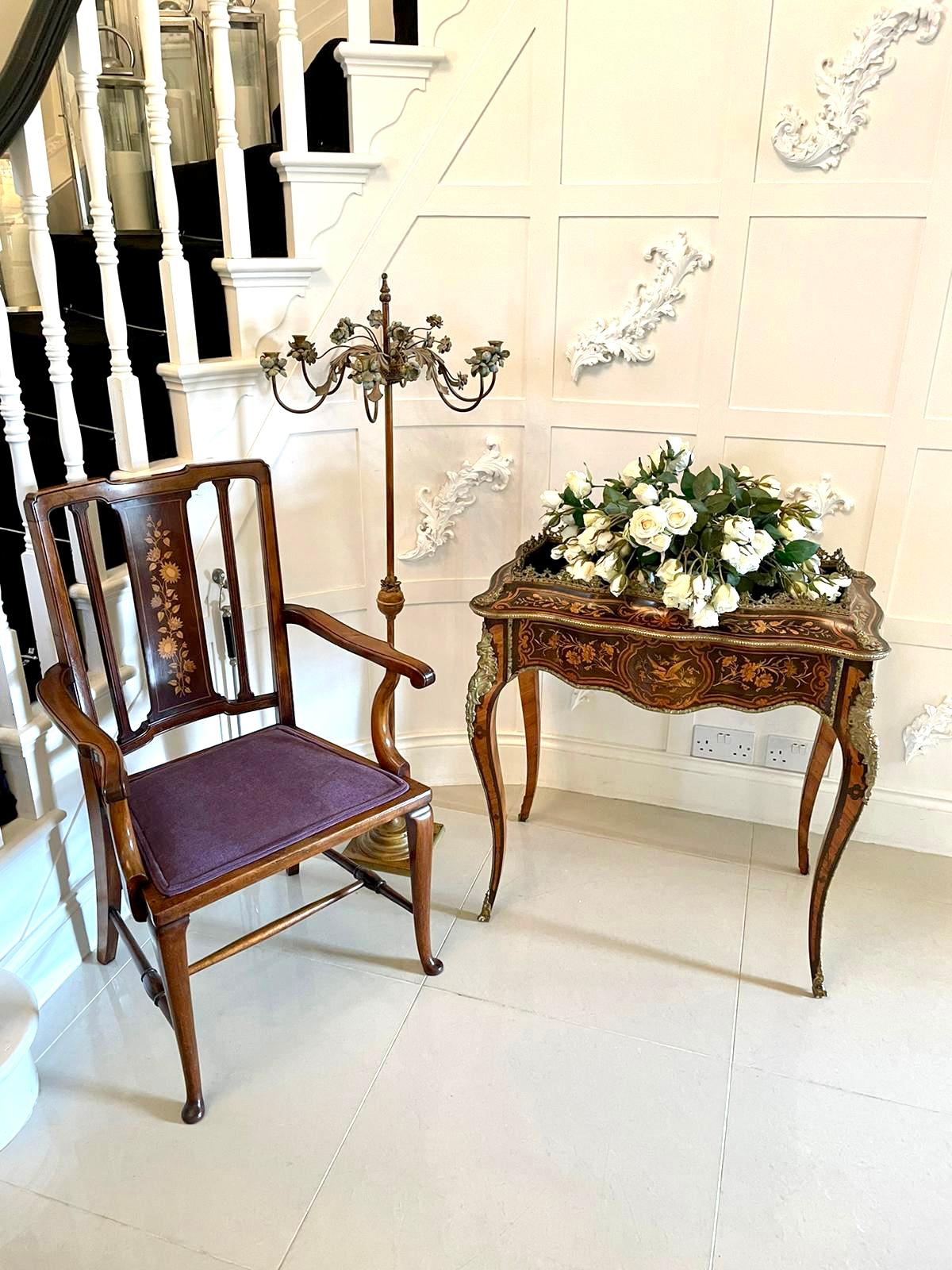 Outstanding quality 19th century Louis XV tulipwood and kingwood marquetry inlaid jardiniere table 
having a fabulous quality pierced gilt metal gallery top with removable top richly decorated with marquetry inlay of acanthus scrolls, flowers and