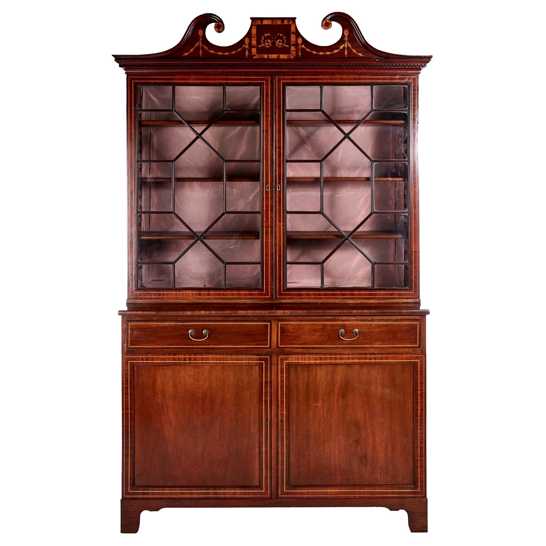 Outstanding Antique Mahogany Inlaid Bookcase For Sale