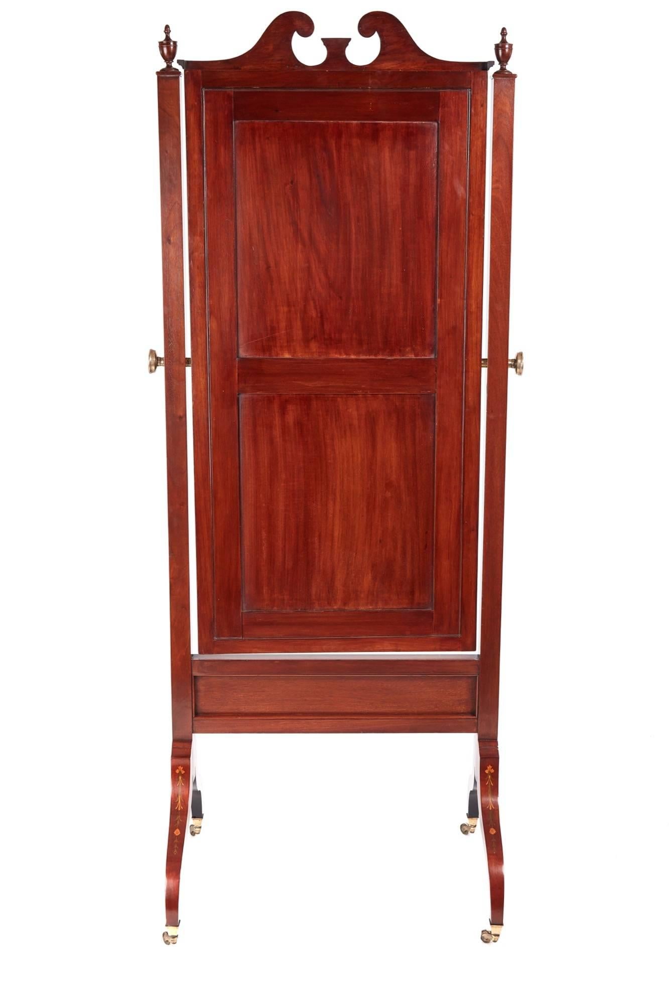 Outstanding Antique Mahogany Inlaid Cheval Mirror For Sale 2