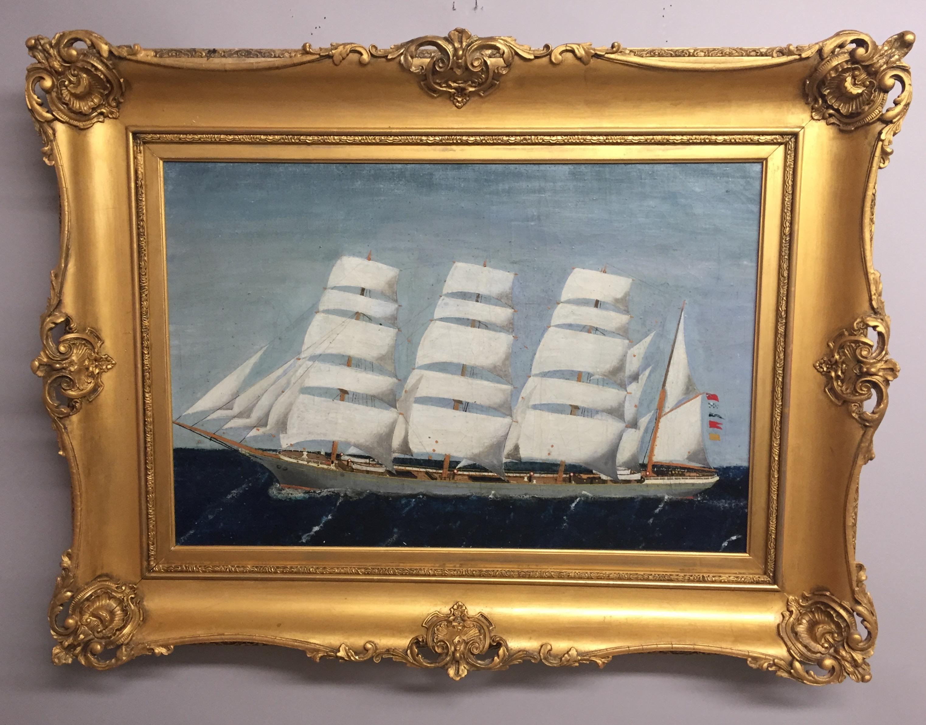 Late 19th Century Outstanding Antique Nautical Painting with Ornate Giltwood Frame