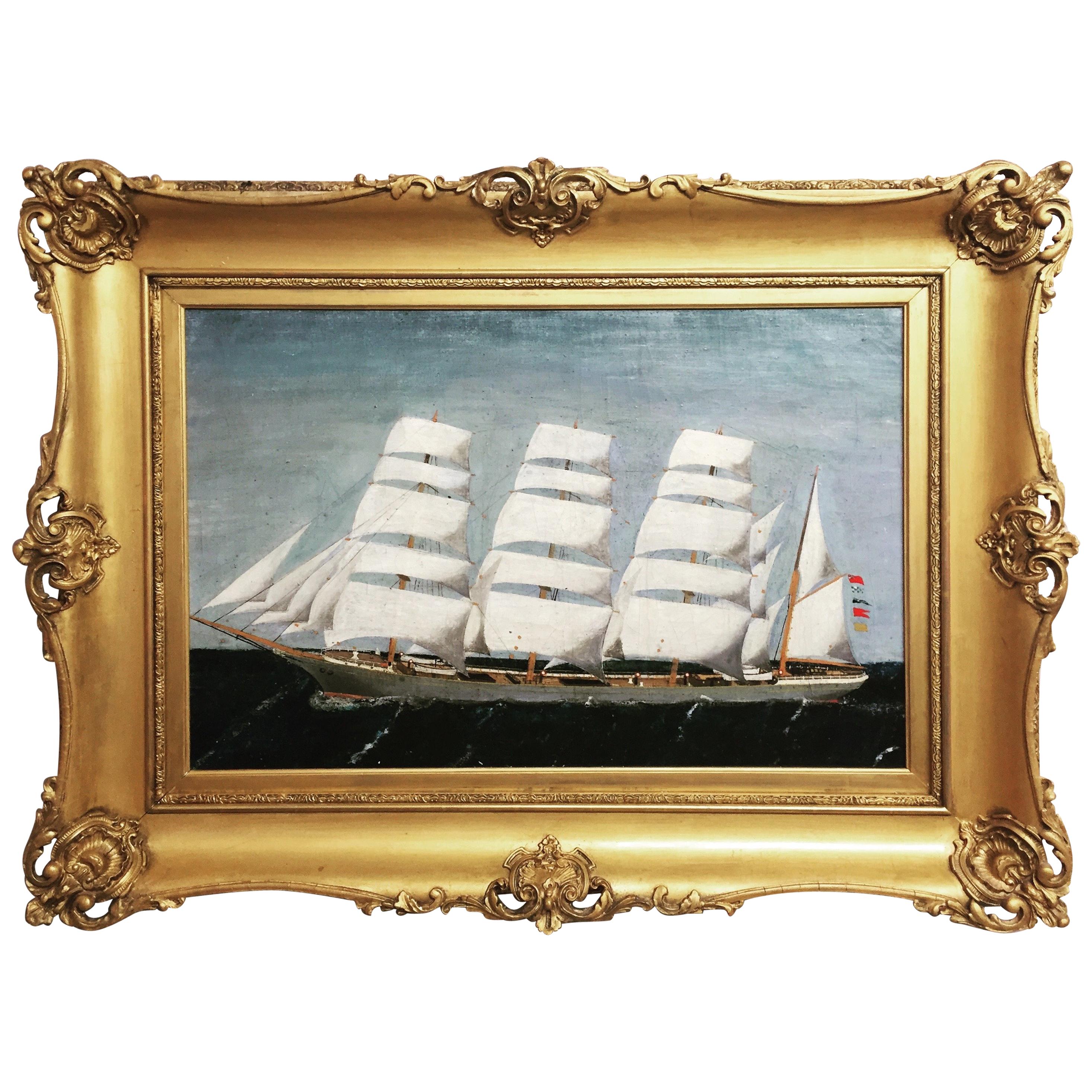 Outstanding Antique Nautical Painting with Ornate Giltwood Frame