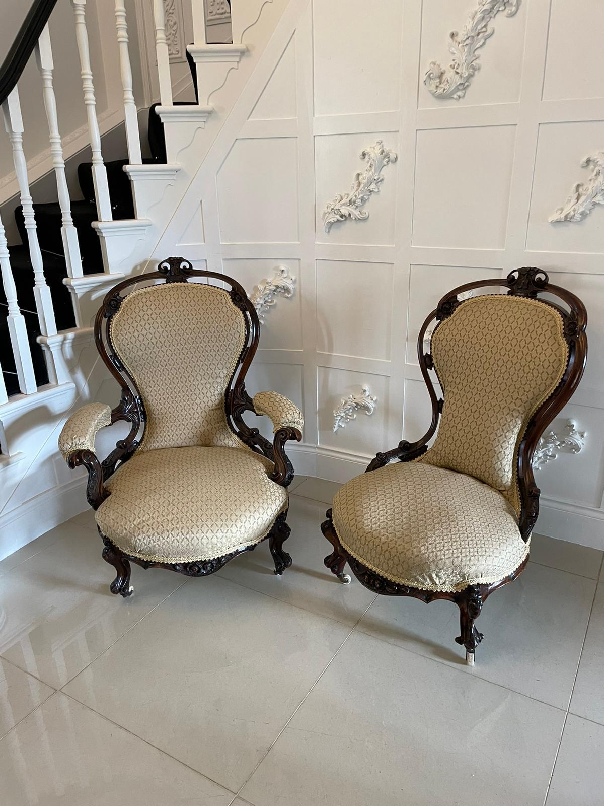 Outstanding Antique pair of Victorian carved walnut chairs with outstanding carved detail to the lovely shaped backs, one with carved shaped arms, carved rounded front rail standing on lovely carved cabriole legs to the front out swept back legs