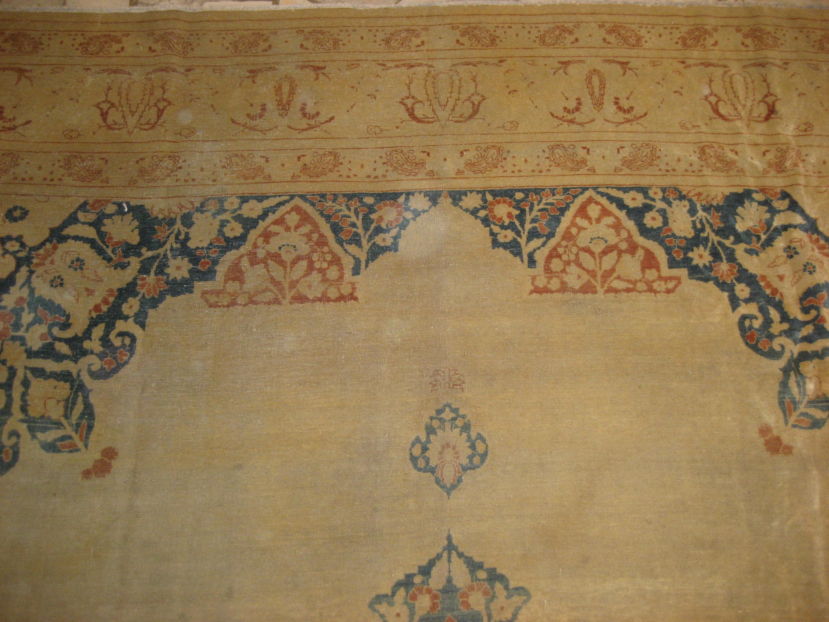 Azerbaijani Outstanding Antique Tabriz Hadji Jalili Workshop Rug in Butterscotch and Teal For Sale