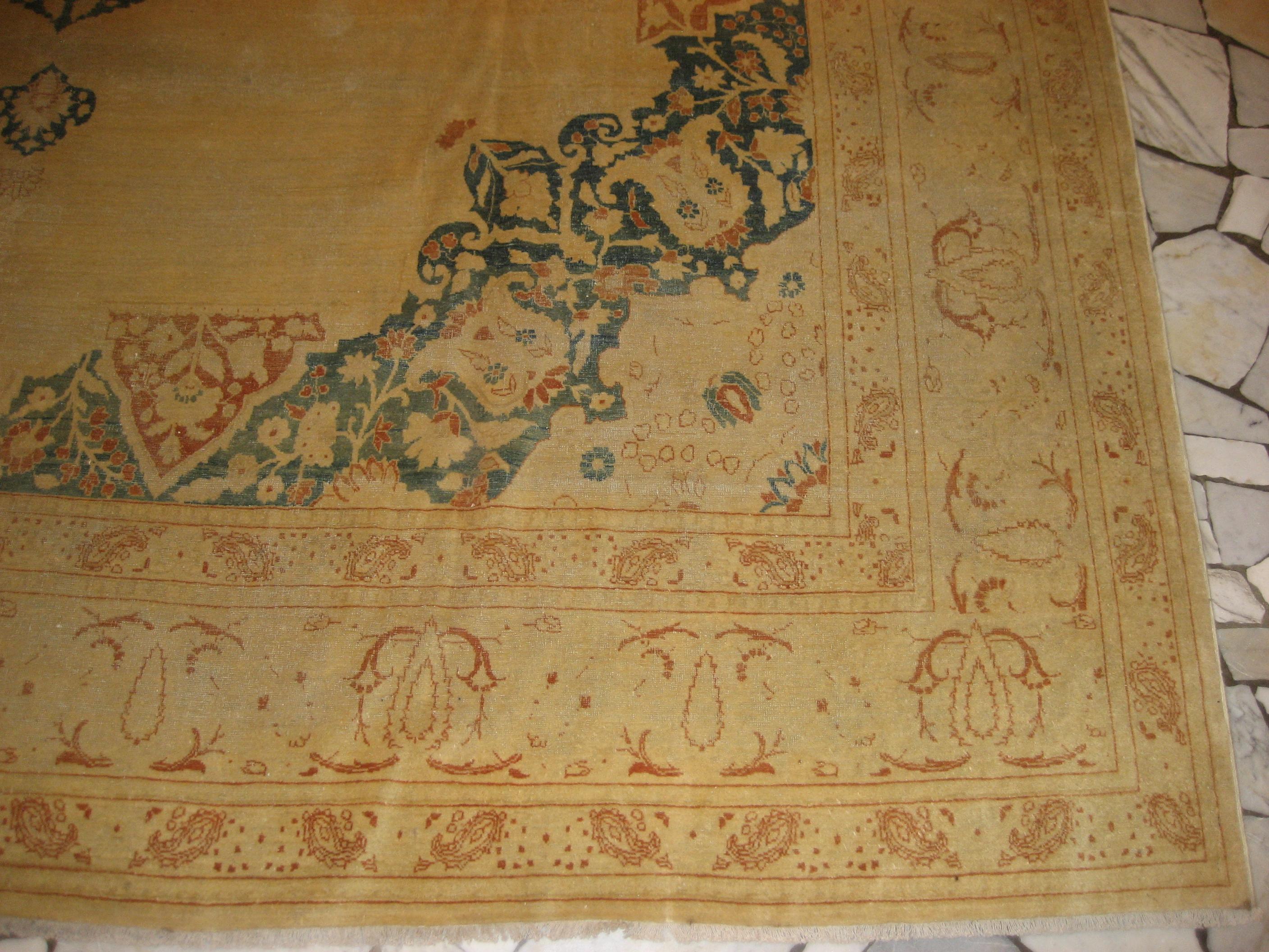 Wool Outstanding Antique Tabriz Hadji Jalili Workshop Rug in Butterscotch and Teal For Sale
