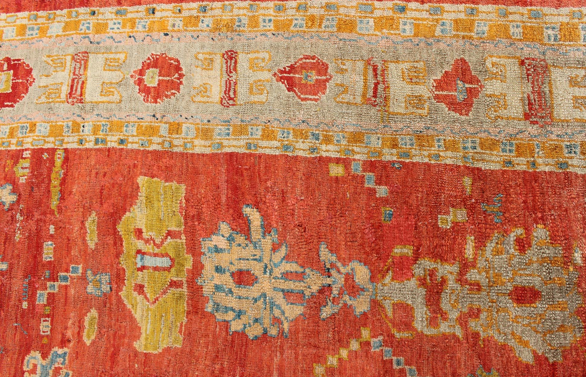 19th Century Oushak with Tribal Design in Orange Red, Blue, L. Green, Ice Blue For Sale 3