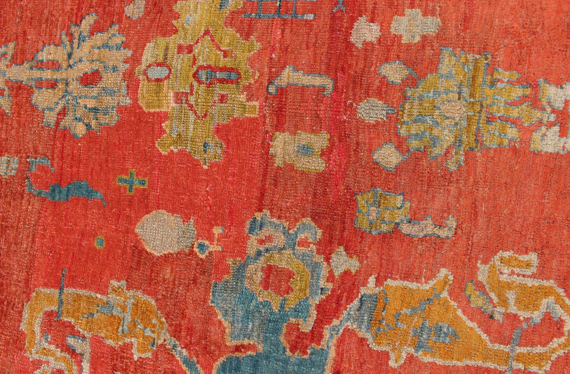 19th Century Oushak with Tribal Design in Orange Red, Blue, L. Green, Ice Blue For Sale 4
