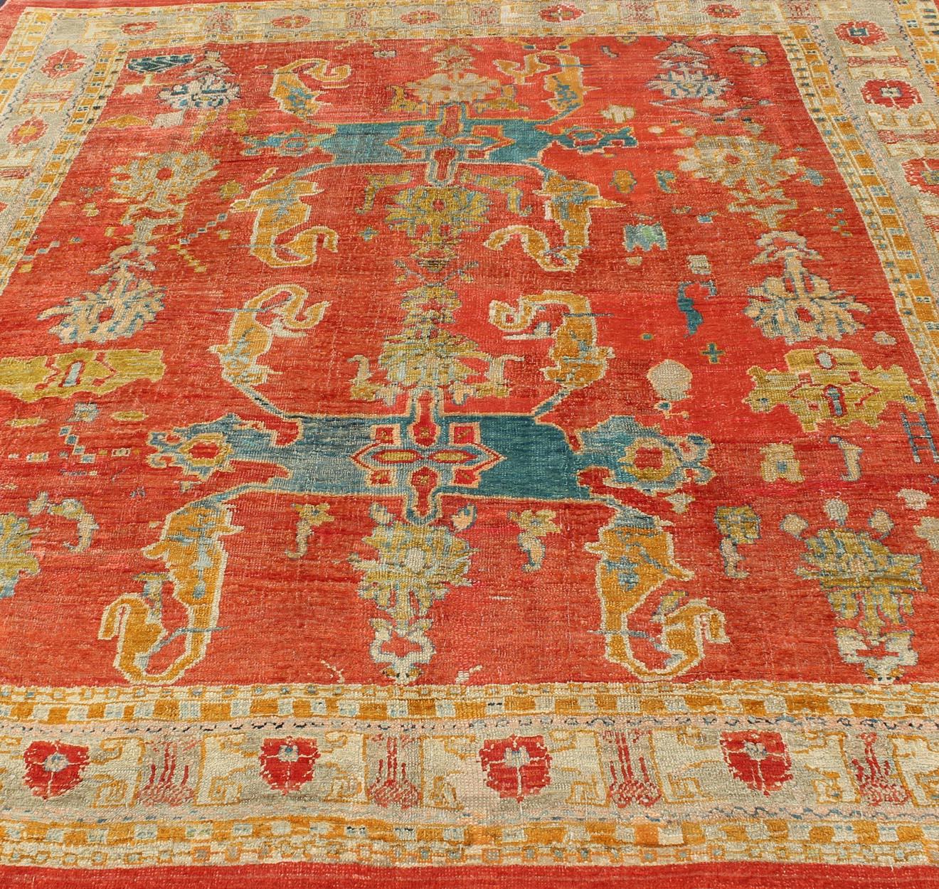19th Century Oushak with Tribal Design in Orange Red, Blue, L. Green, Ice Blue For Sale 6