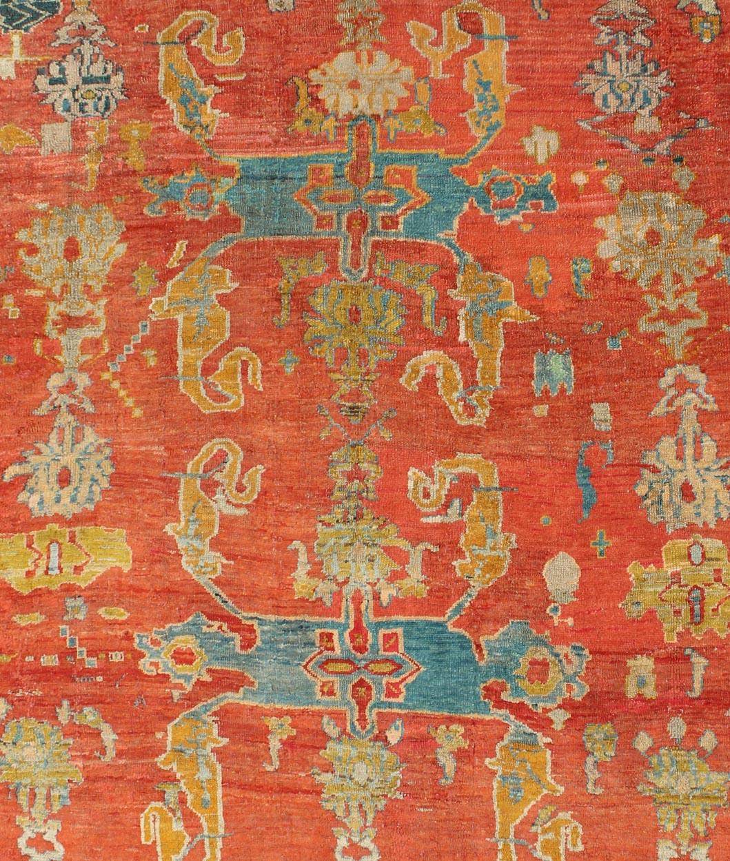 Turkish 19th Century Oushak with Tribal Design in Orange Red, Blue, L. Green, Ice Blue For Sale