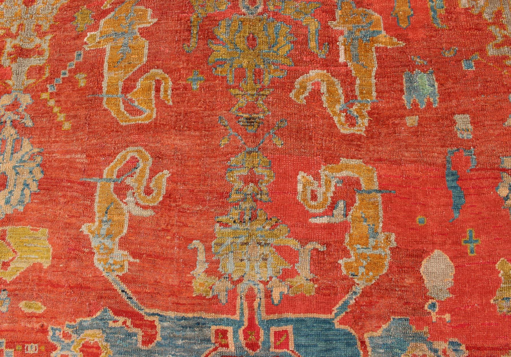 Wool 19th Century Oushak with Tribal Design in Orange Red, Blue, L. Green, Ice Blue For Sale