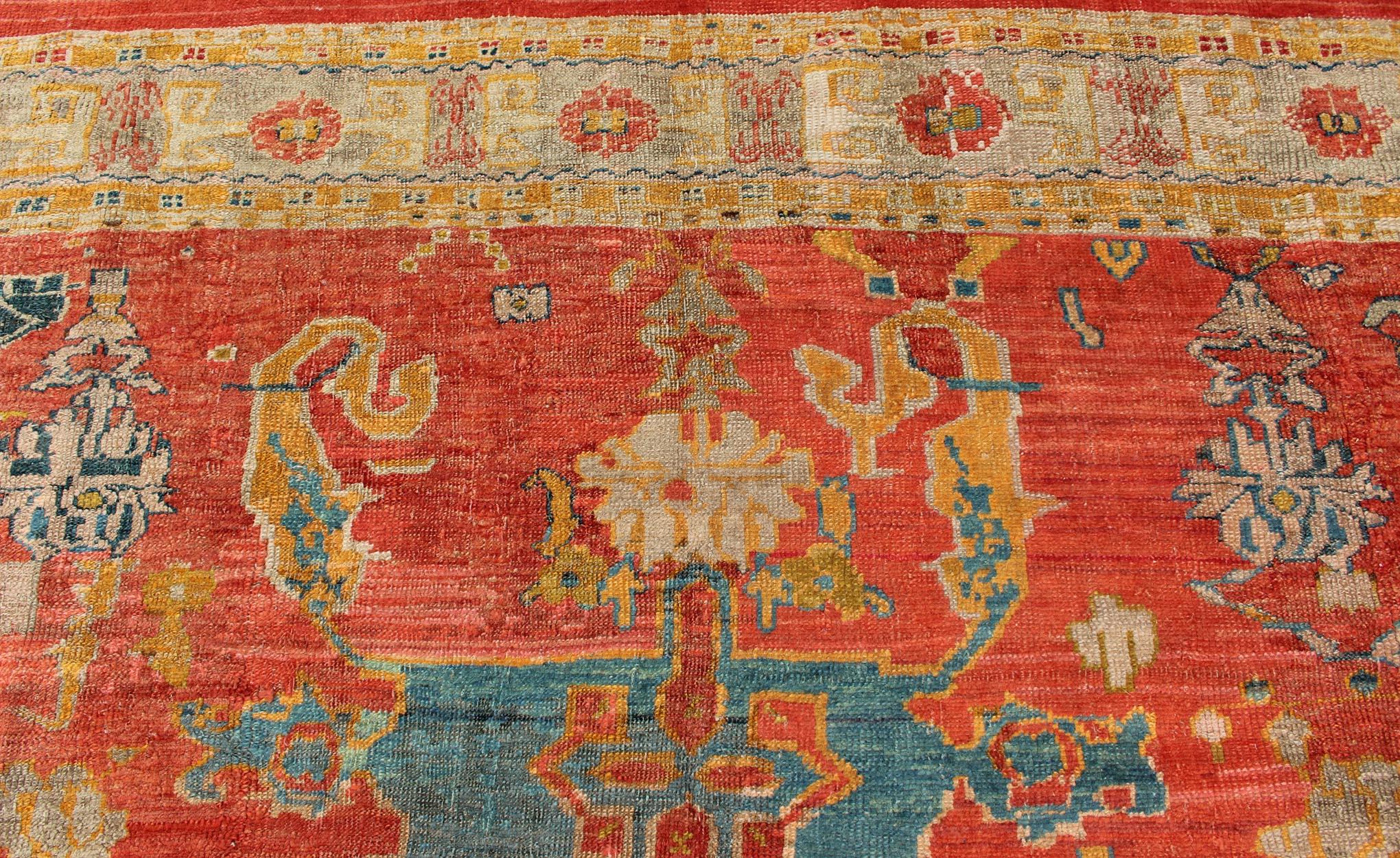 19th Century Oushak with Tribal Design in Orange Red, Blue, L. Green, Ice Blue For Sale 1