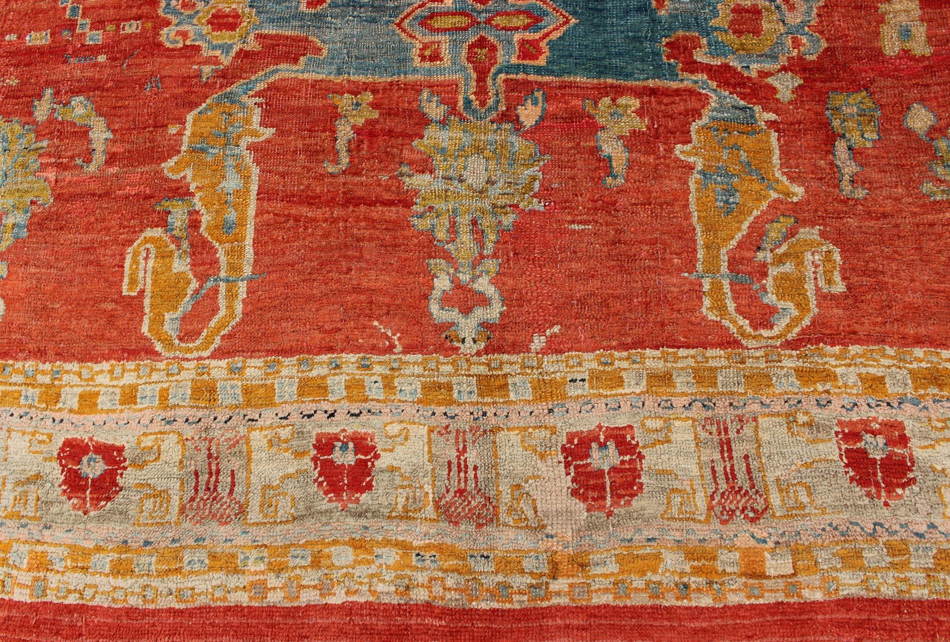 19th Century Oushak with Tribal Design in Orange Red, Blue, L. Green, Ice Blue For Sale 2