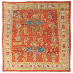 19th Century Oushak with Tribal Design in Orange Red, Blue, L. Green, Ice Blue