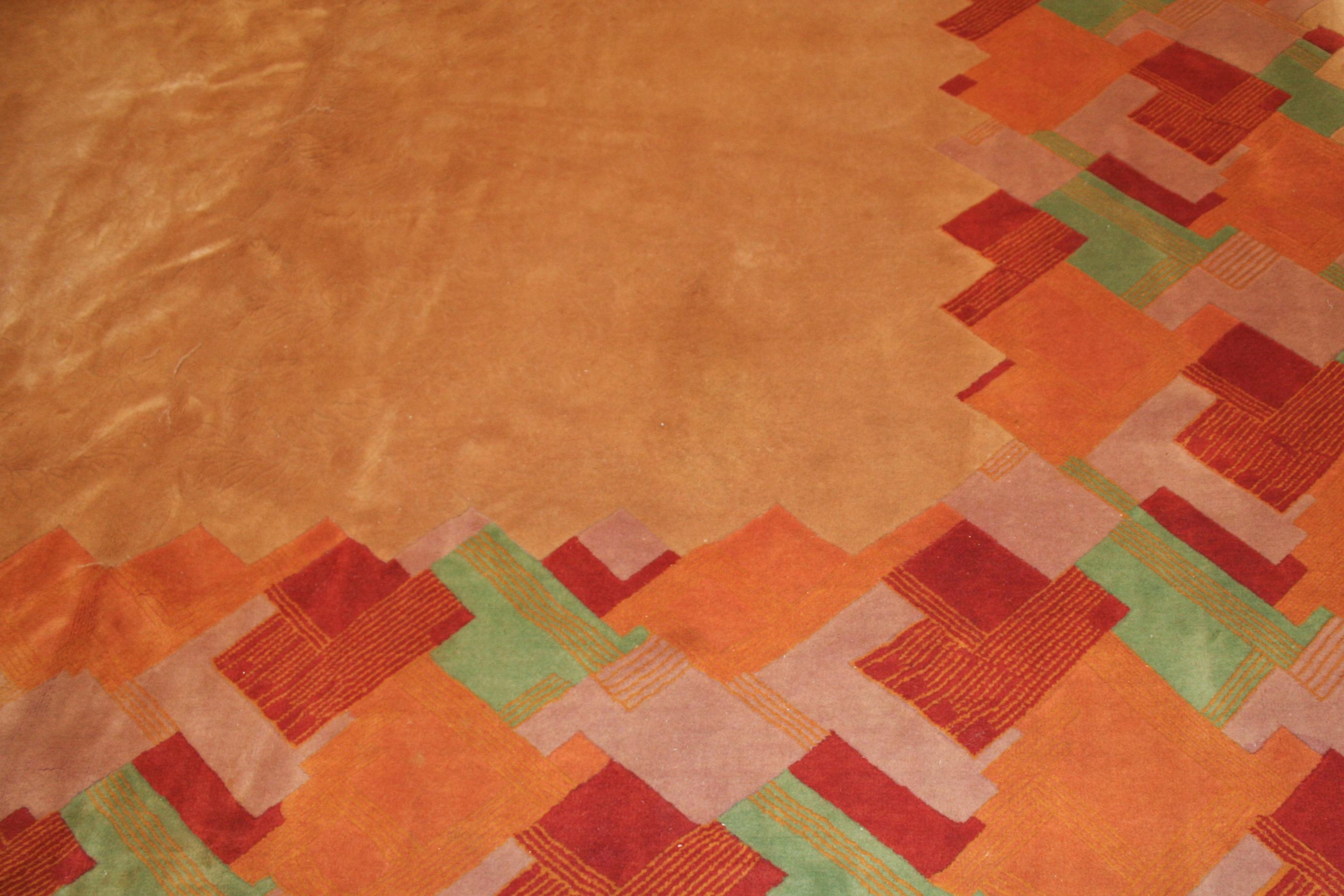Only a very limited group of the carpets woven during the thirties at the Tianjin city looms are decorated by geometric patterns typical of the Art Deco period. Some of these rare pieces are known to be designed by artists such as Betty Joel, who