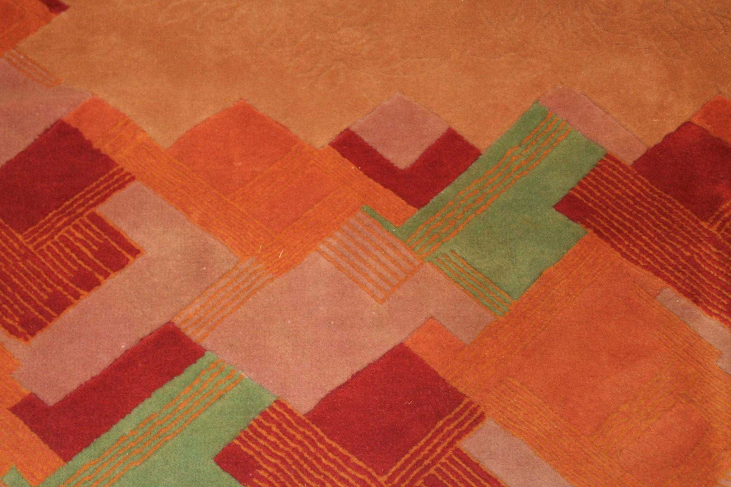 Hand-Knotted Outstanding Art Deco Chinese Rug with Cubist Border by Nichols & Co. For Sale