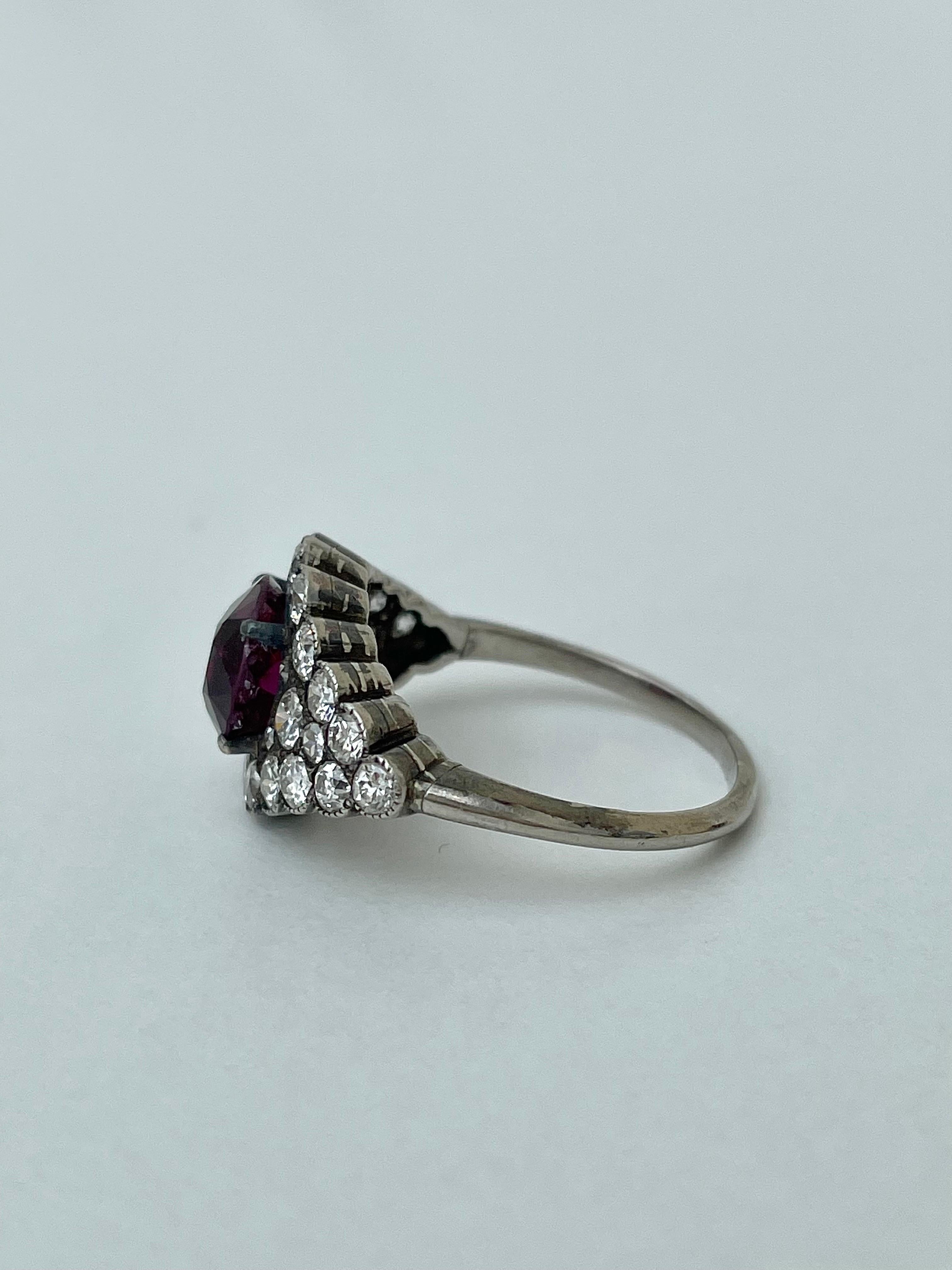 Antique Cushion Cut Outstanding Boxed Natural Unheated Ruby and Diamond Ring C.1910
 For Sale