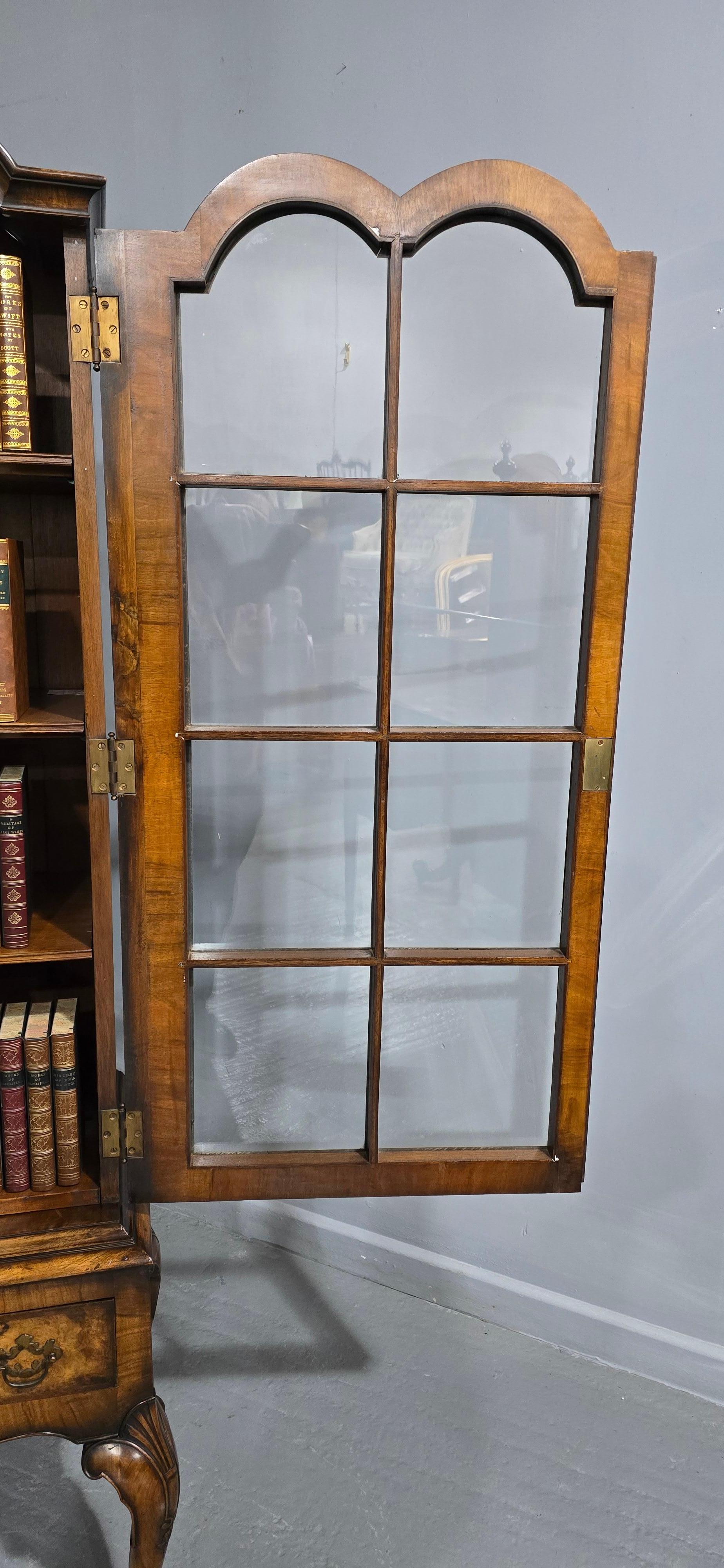 Outstanding Burr Walnut Bookcase on Stand For Sale 8