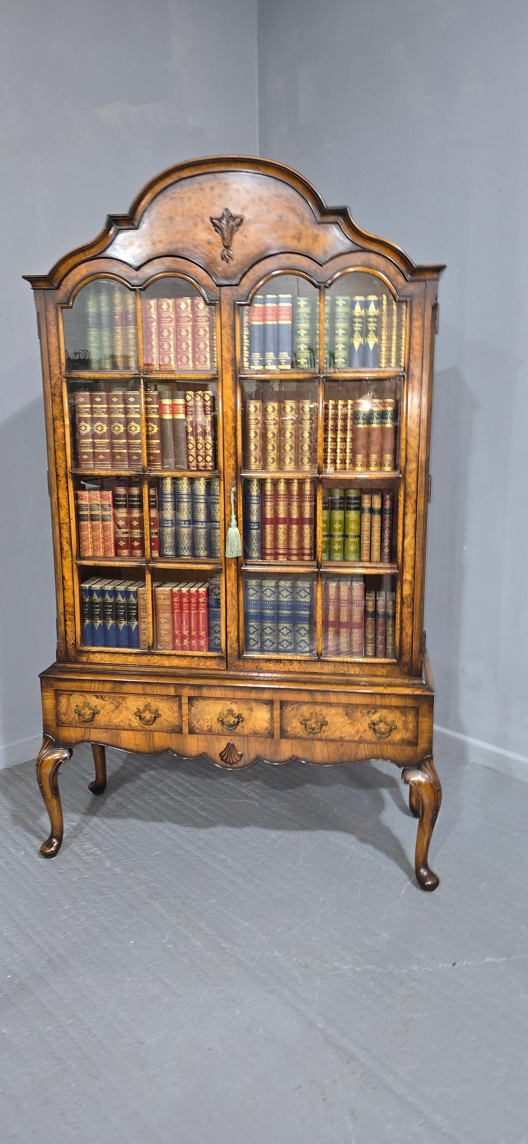 English Outstanding Burr Walnut Bookcase on Stand For Sale