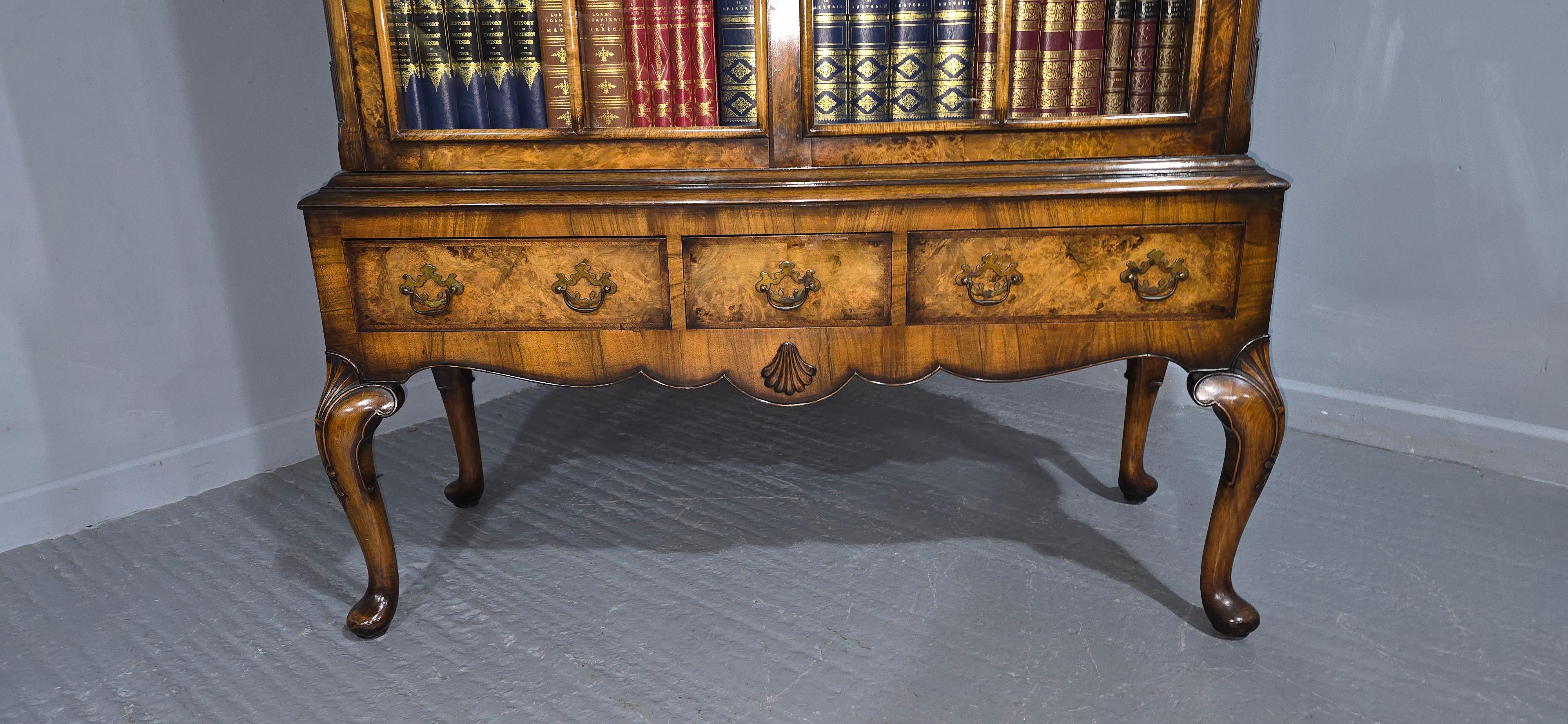 Veneer Outstanding Burr Walnut Bookcase on Stand For Sale