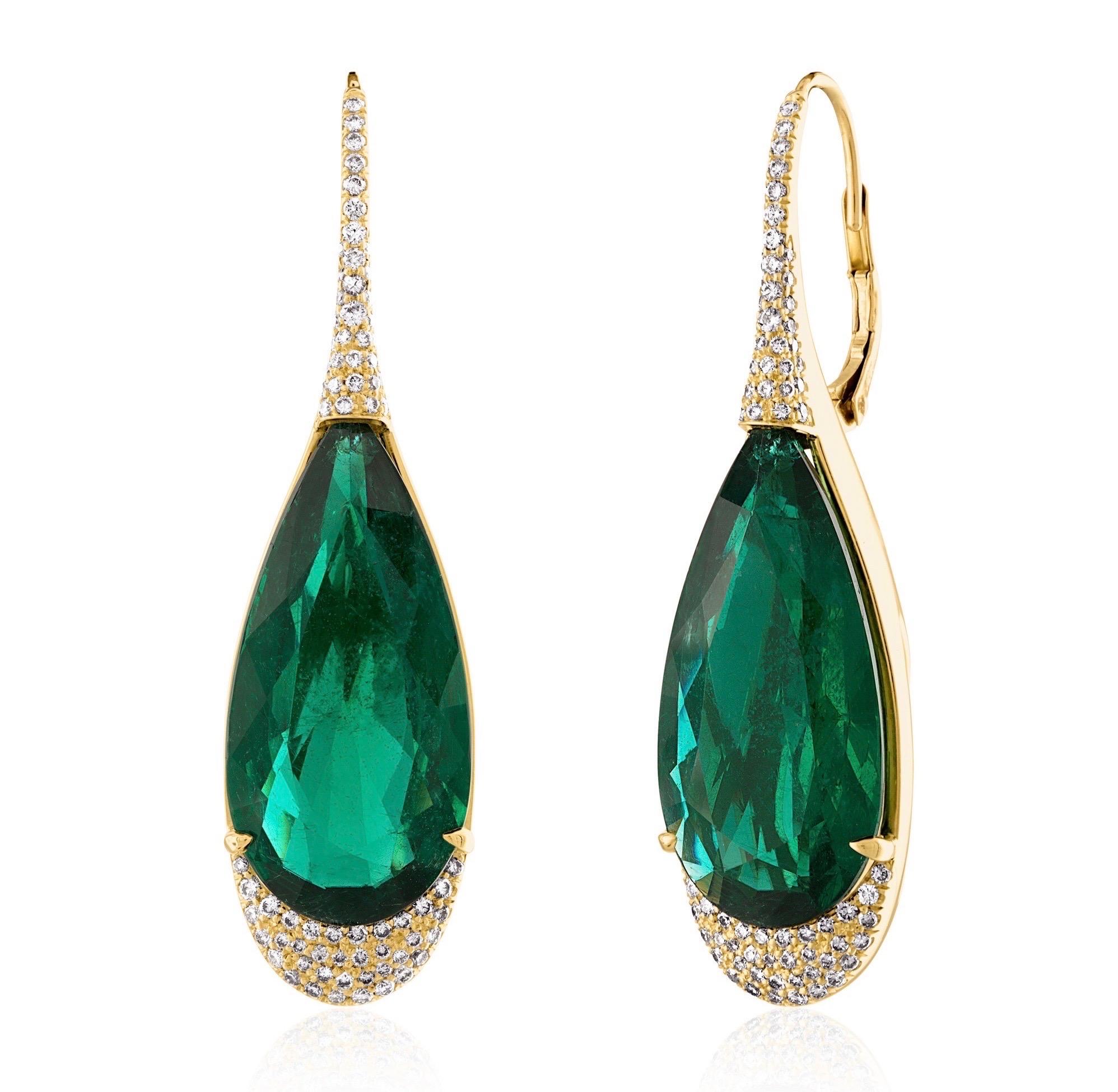 Contemporary Mindi Mond Certified 31.29 Carat Natural Zambian Emerald Diamond Drop Earrings For Sale