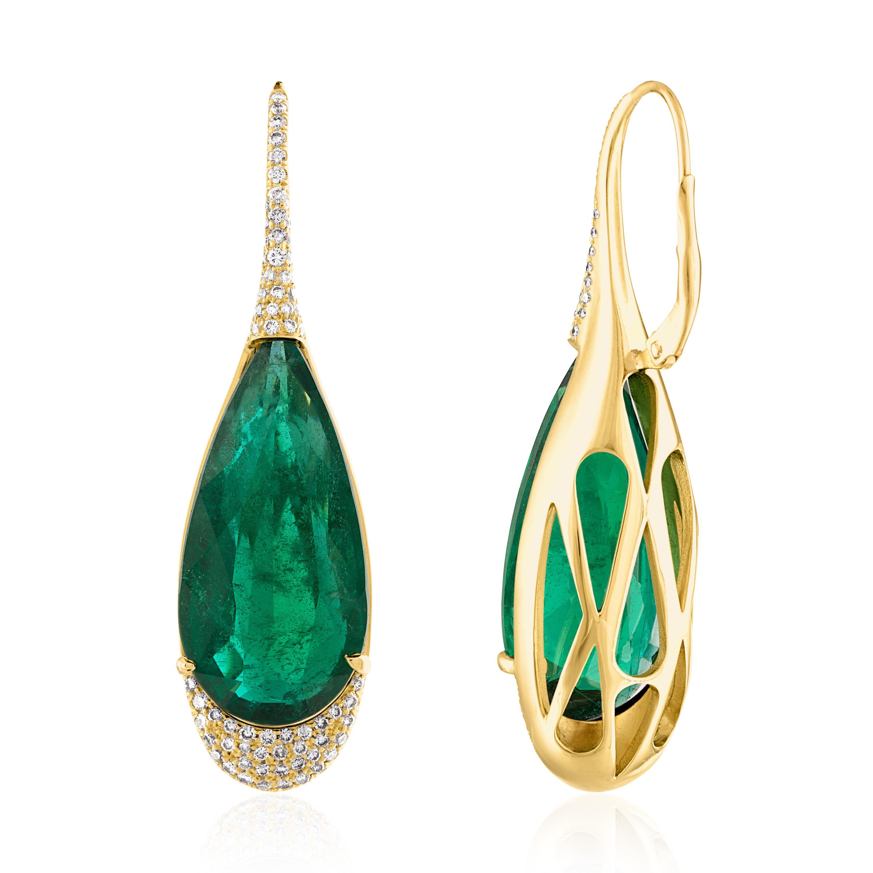 Mixed Cut Mindi Mond Certified 31.29 Carat Natural Zambian Emerald Diamond Drop Earrings For Sale