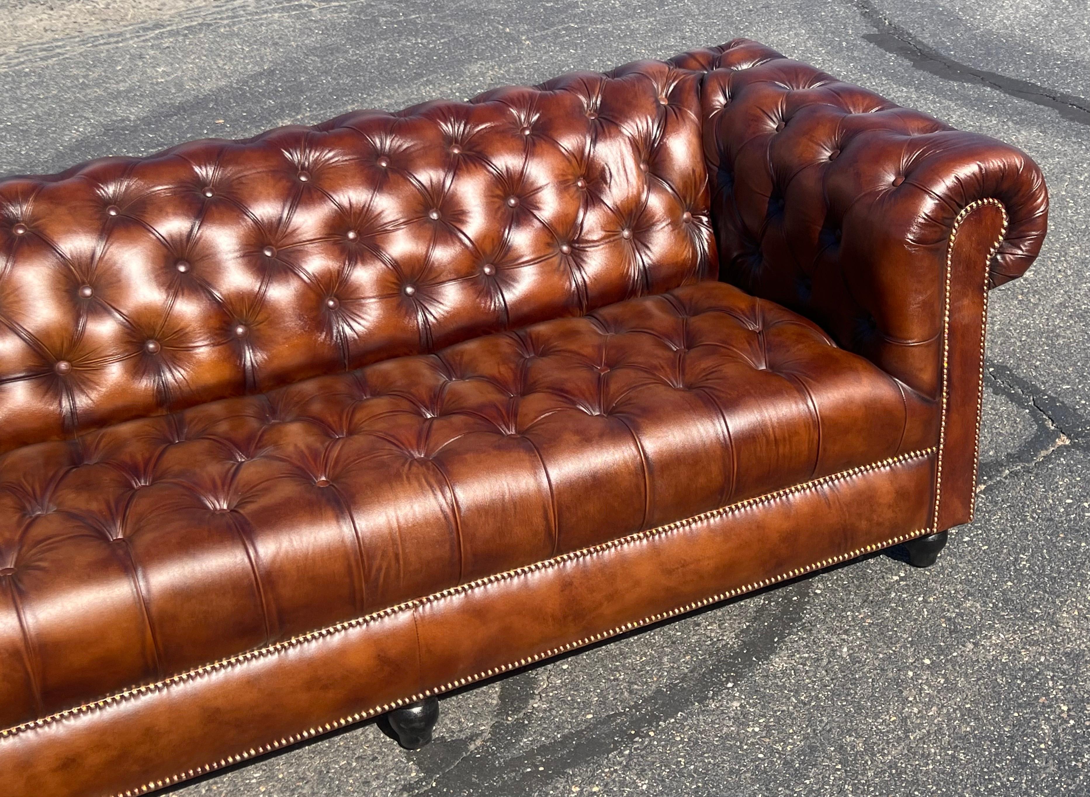Leather Outstanding Cigar Lounge Style English-Made Tufted Bench Chesterfield Sofa 7ft For Sale