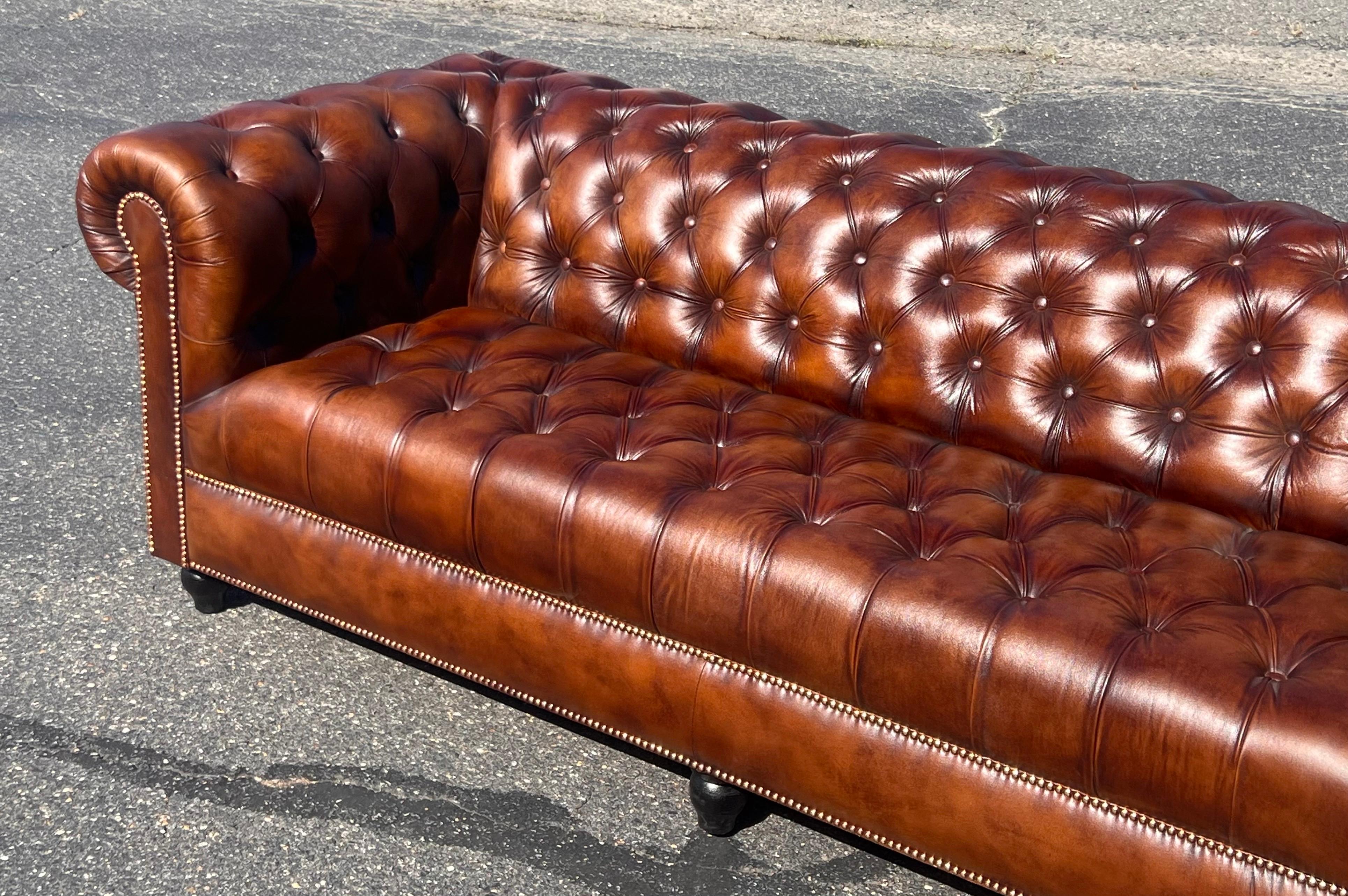 Outstanding Cigar Lounge Style English-Made Tufted Bench Chesterfield Sofa 7ft For Sale 1