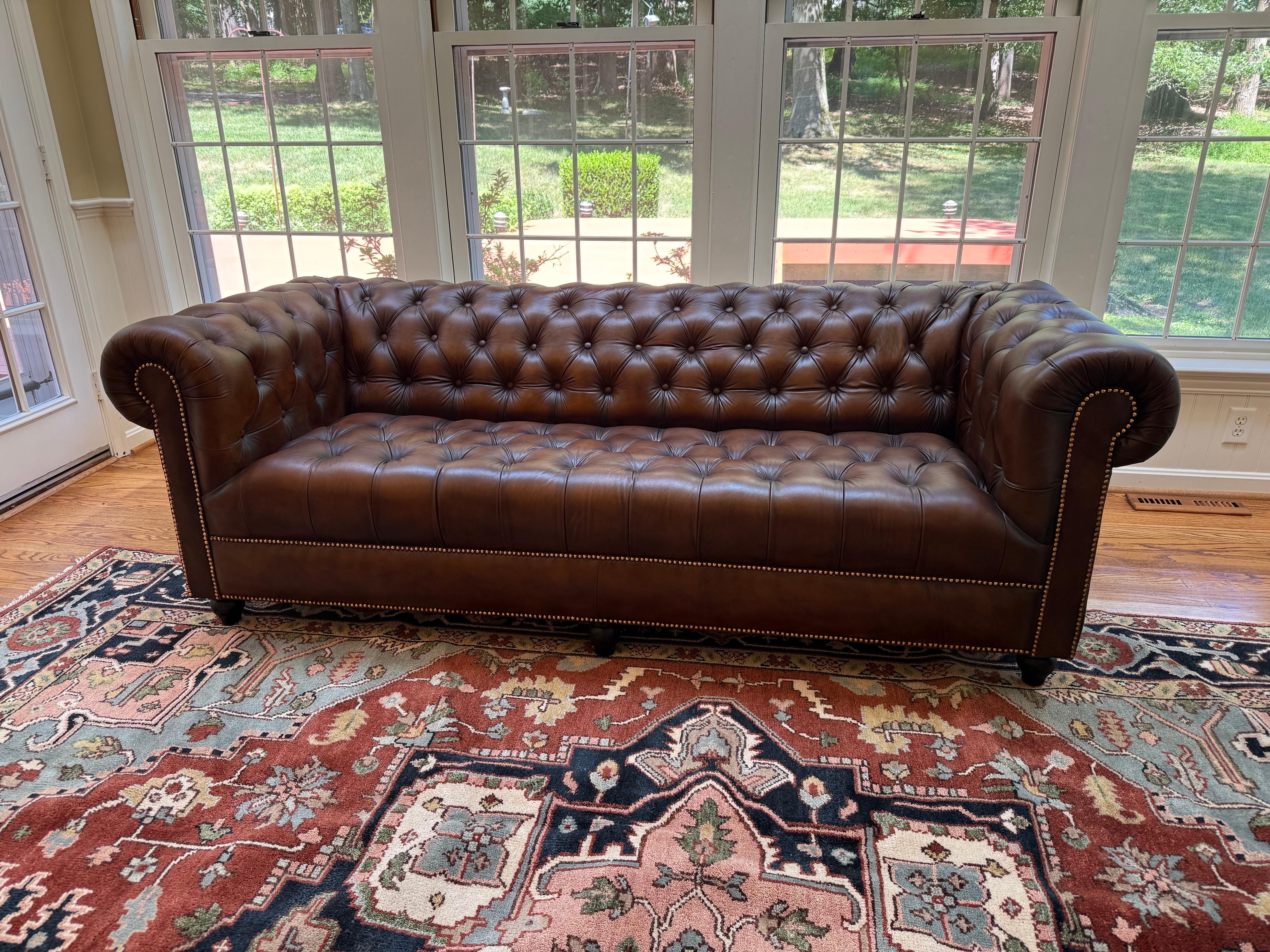 Outstanding Cigar Lounge Style English-Made Tufted Bench Chesterfield Sofa 7ft For Sale 2