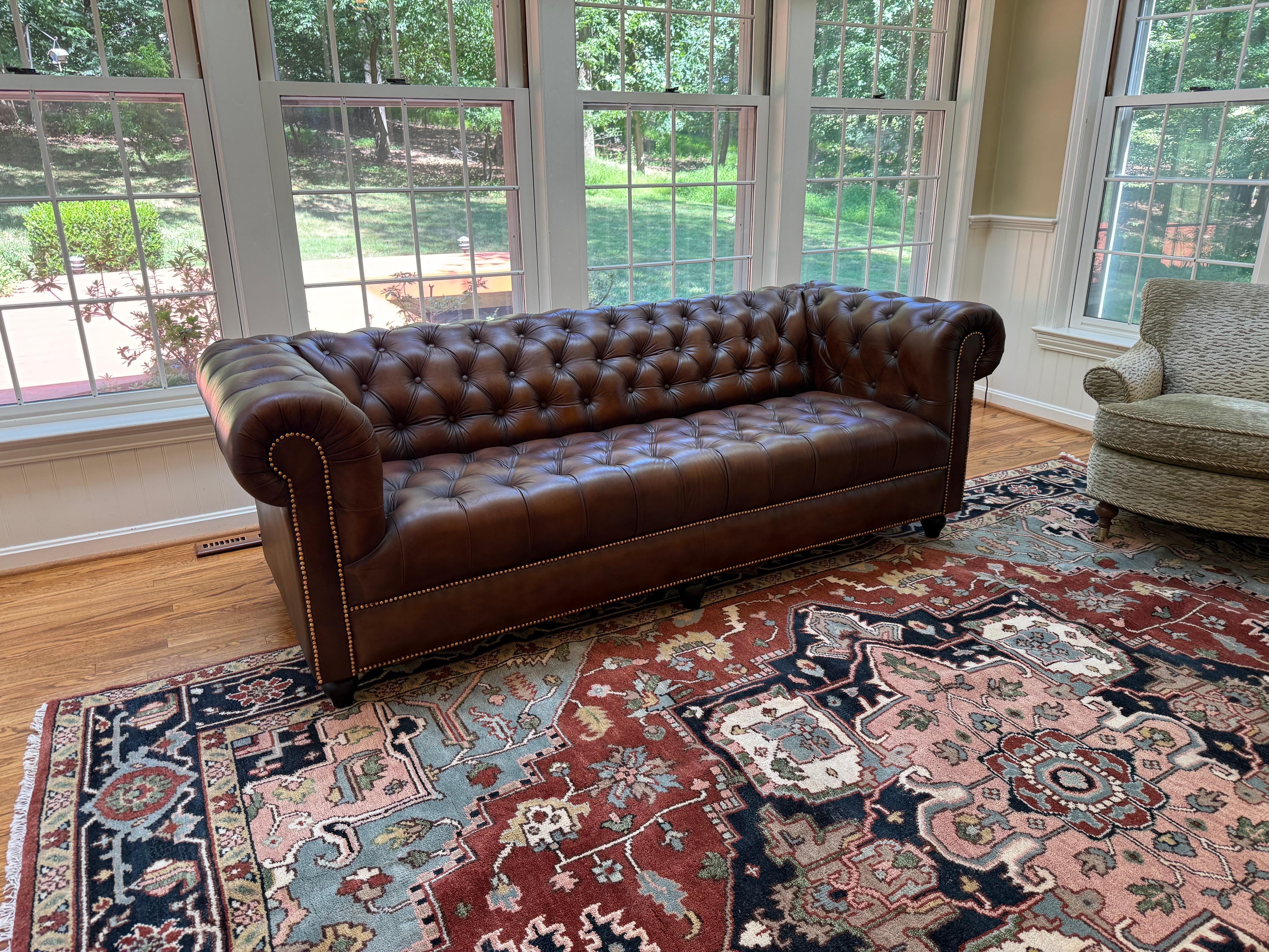 Outstanding Cigar Lounge Style English-Made Tufted Bench Chesterfield Sofa 7ft For Sale 3