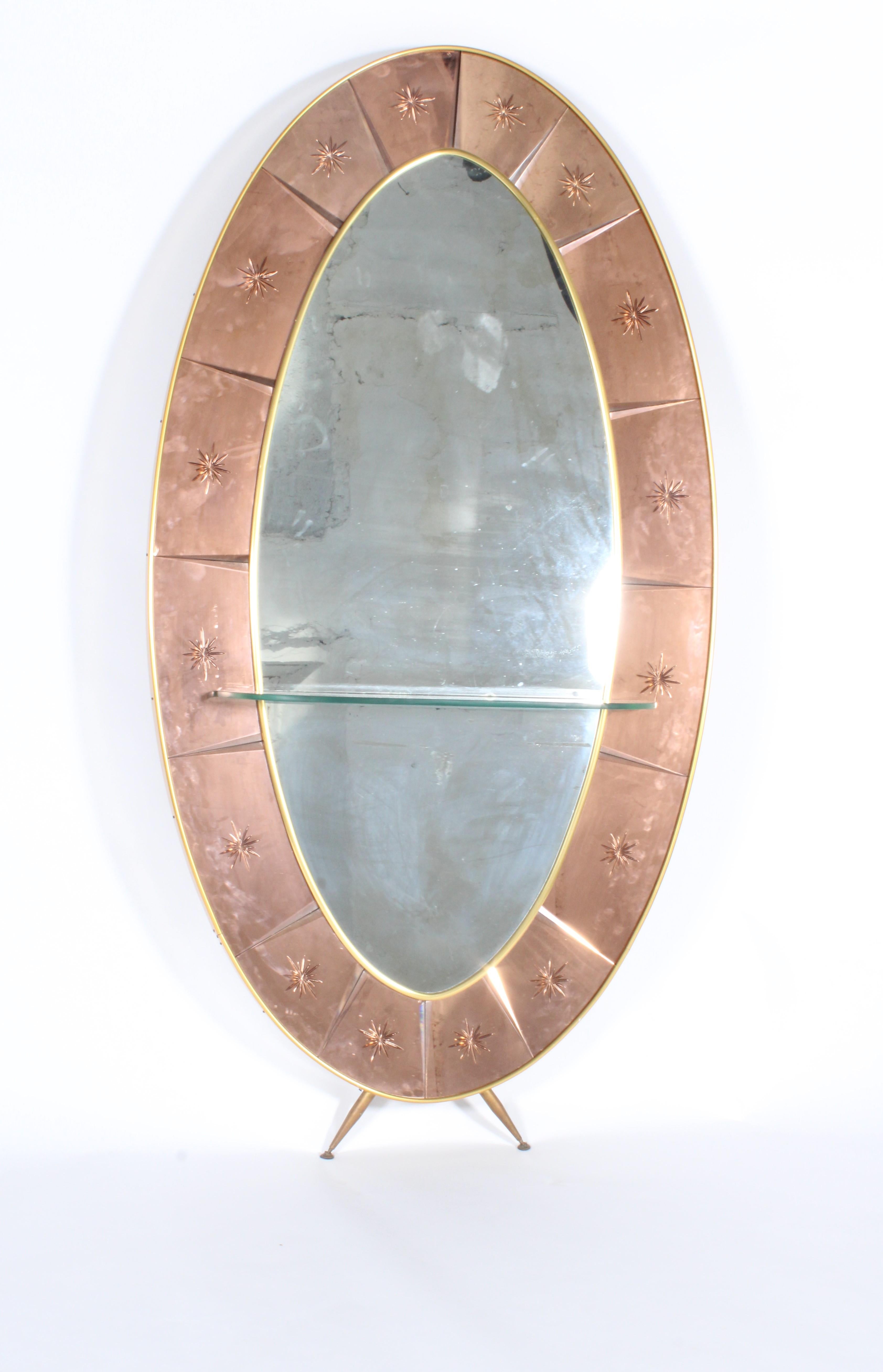Outstanding untouched original mid century Italian Cristal Arte full length mirror in a super rare pink glass with etched detailing and central console shelf. Sourced directly from a private collection in Turin, Italy this example is presented in