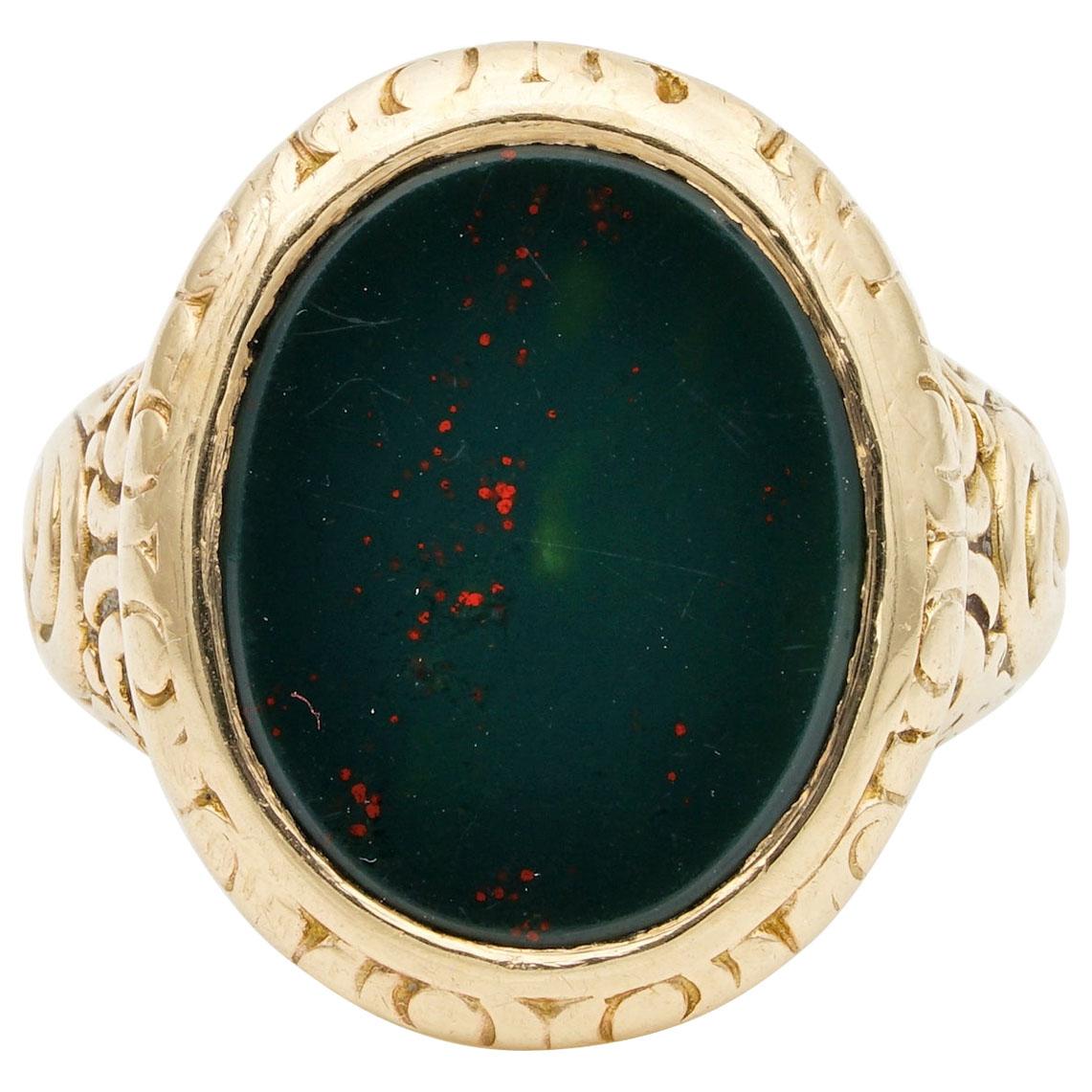 Outstanding Embossed Victorian Unisex Bloodstone Signet Ring 15 Karat Gold For Sale