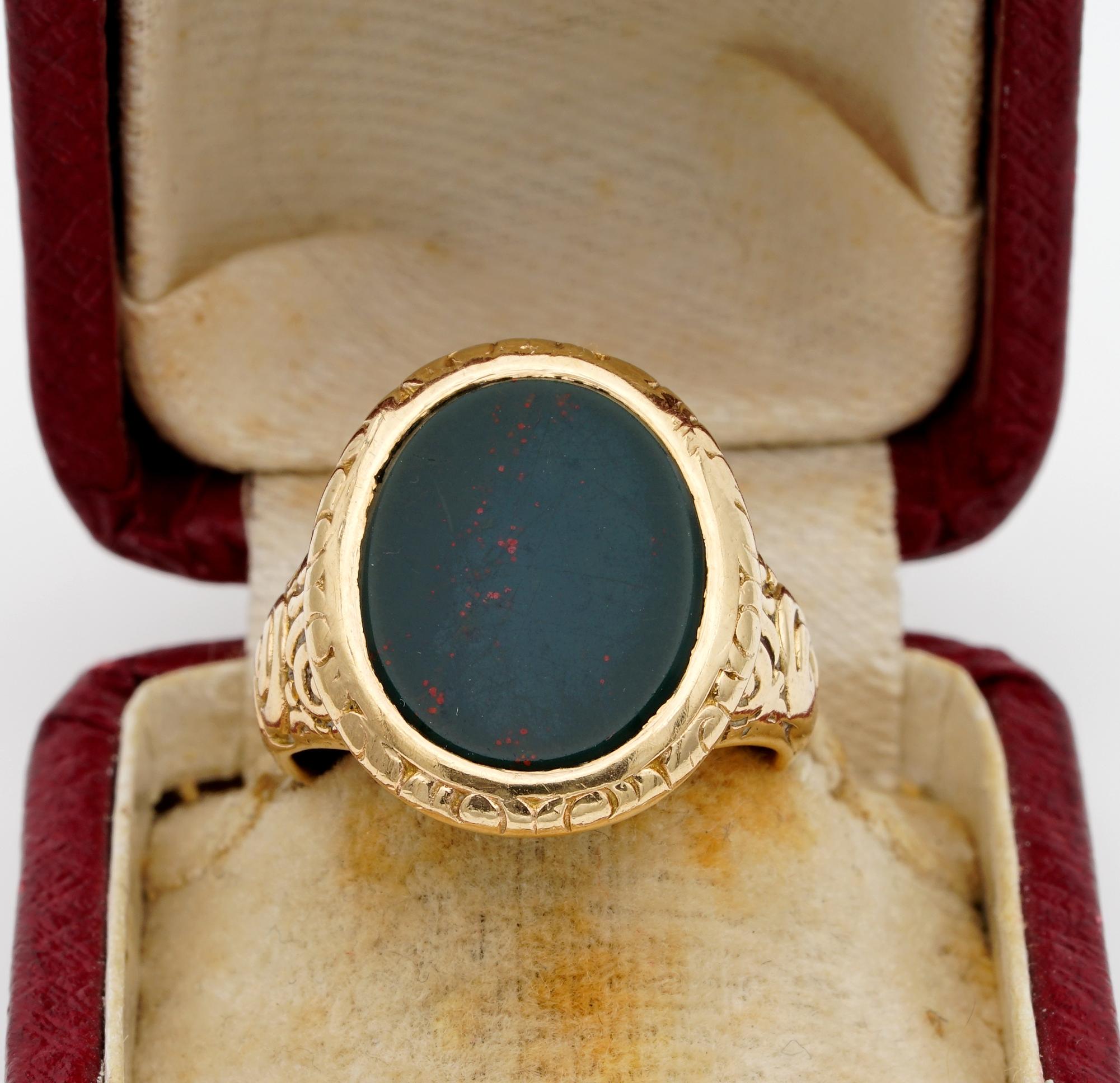 Sign of Distinction

Beautiful Victorian example of Bloodstone signet ring, suitable for either sex
Signet or seal rings have left a mark in history of jewellery remaining a strong symbol of cultural identity
This amazing example has been totally