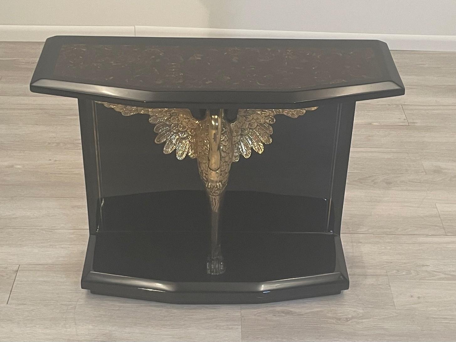 Outstanding Enrique Garcia Black Laquer Coconut Shell Console with Brass Swan For Sale 4