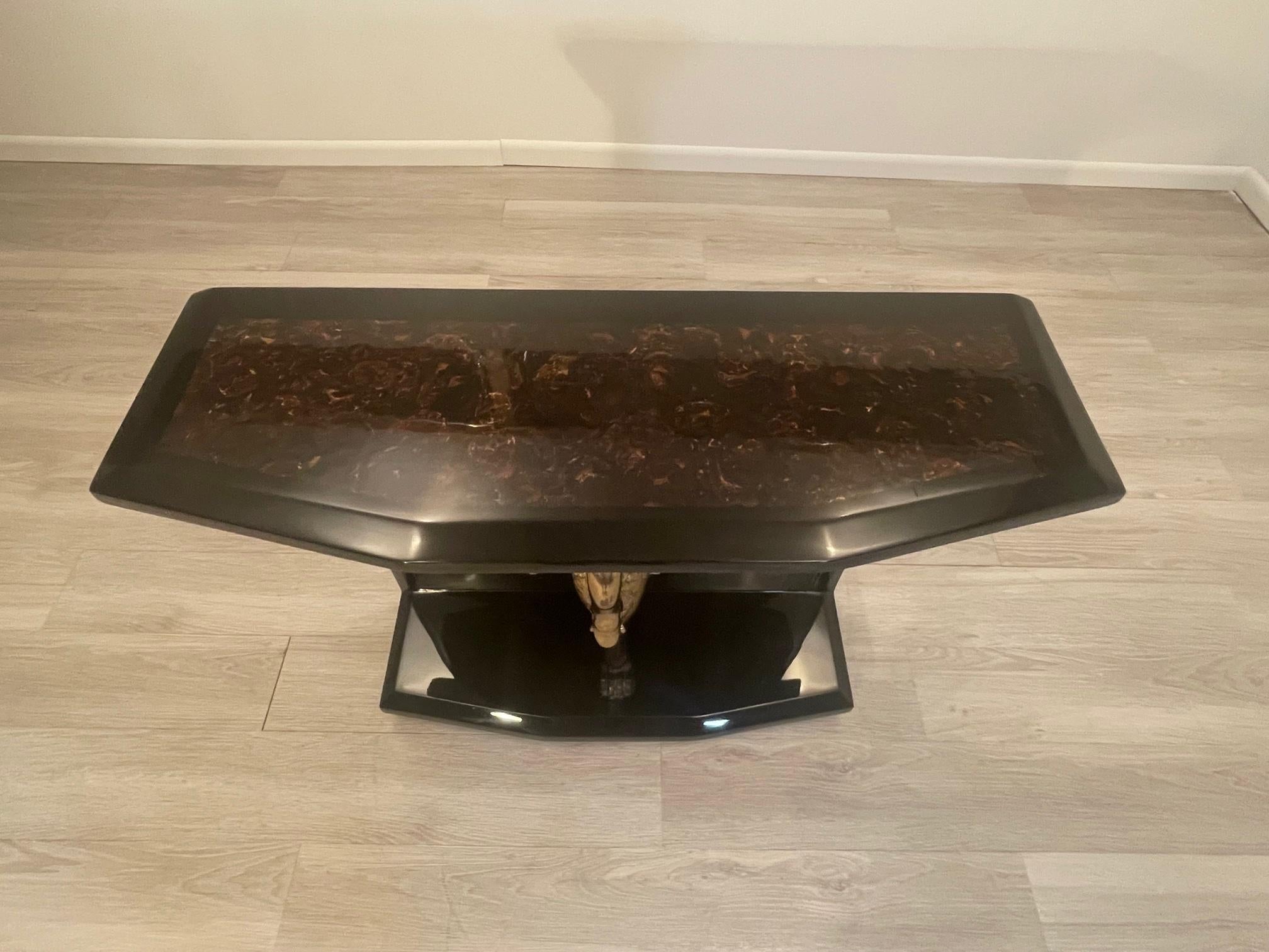 Outstanding Enrique Garcia Black Laquer Coconut Shell Console with Brass Swan In Good Condition For Sale In Hopewell, NJ