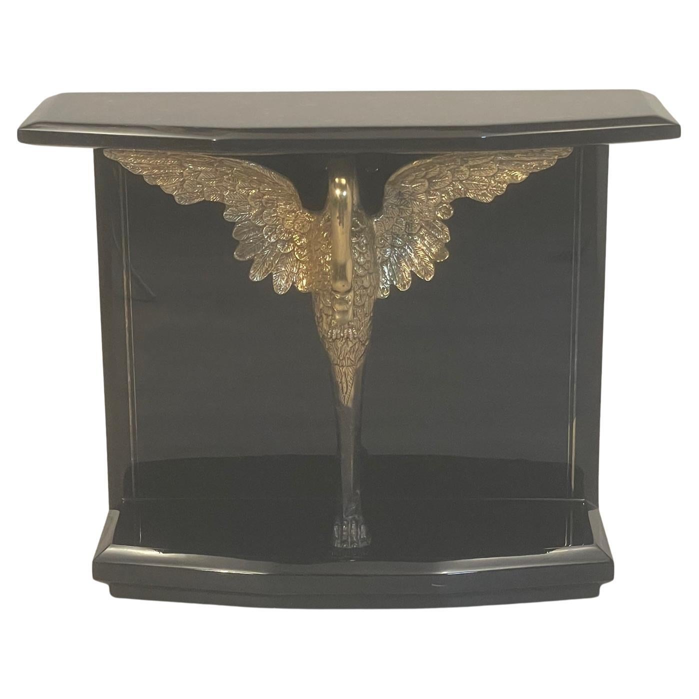 Outstanding Enrique Garcia Black Laquer Coconut Shell Console with Brass Swan For Sale