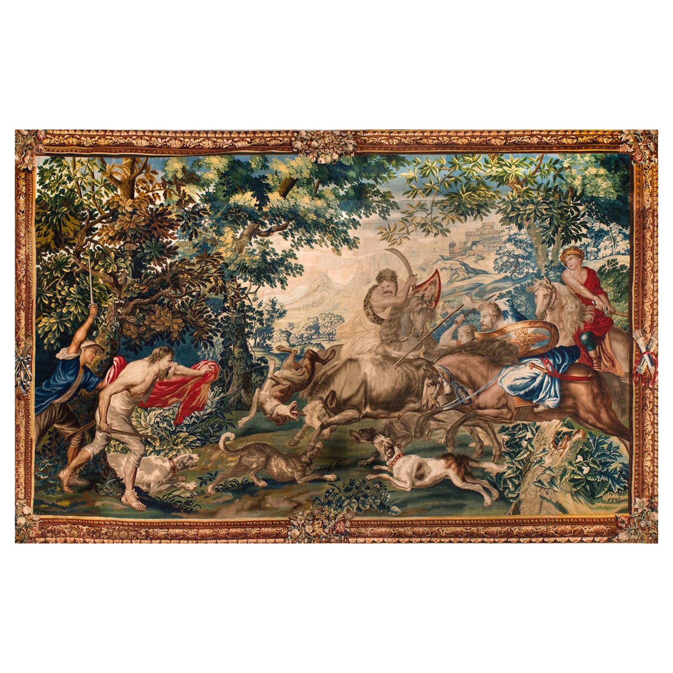 Outstanding Flemish Historical Tapestry The Bull Hunting, 17th Century
