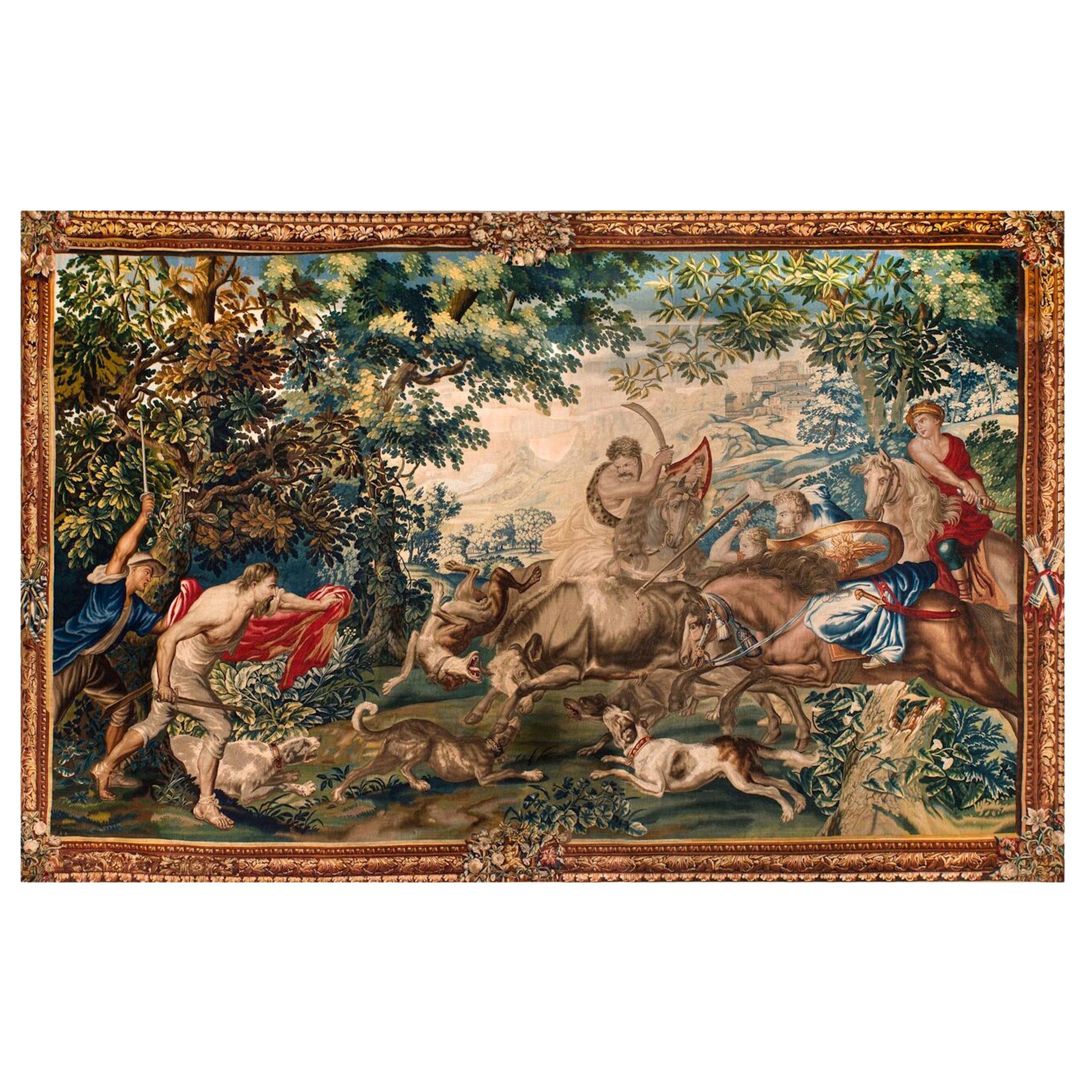 Outstanding Flemish Historical Tapestry The Bull Hunting, 17th Century