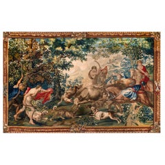 Antique Outstanding Flemish Historical Tapestry The Bull Hunting, 17th Century