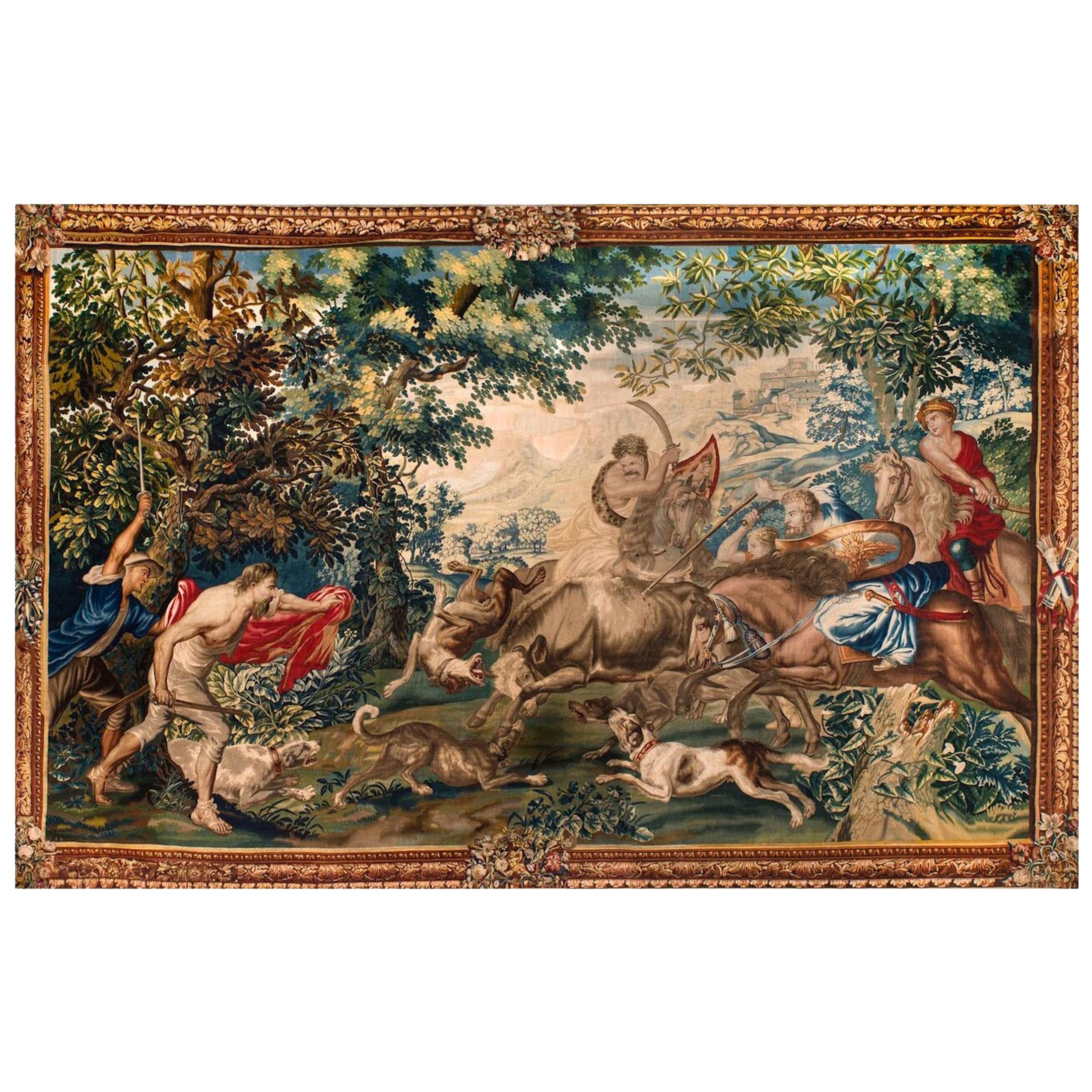 Outstanding Flemish Historical Tapestry the Bull Hunting, 17th Century