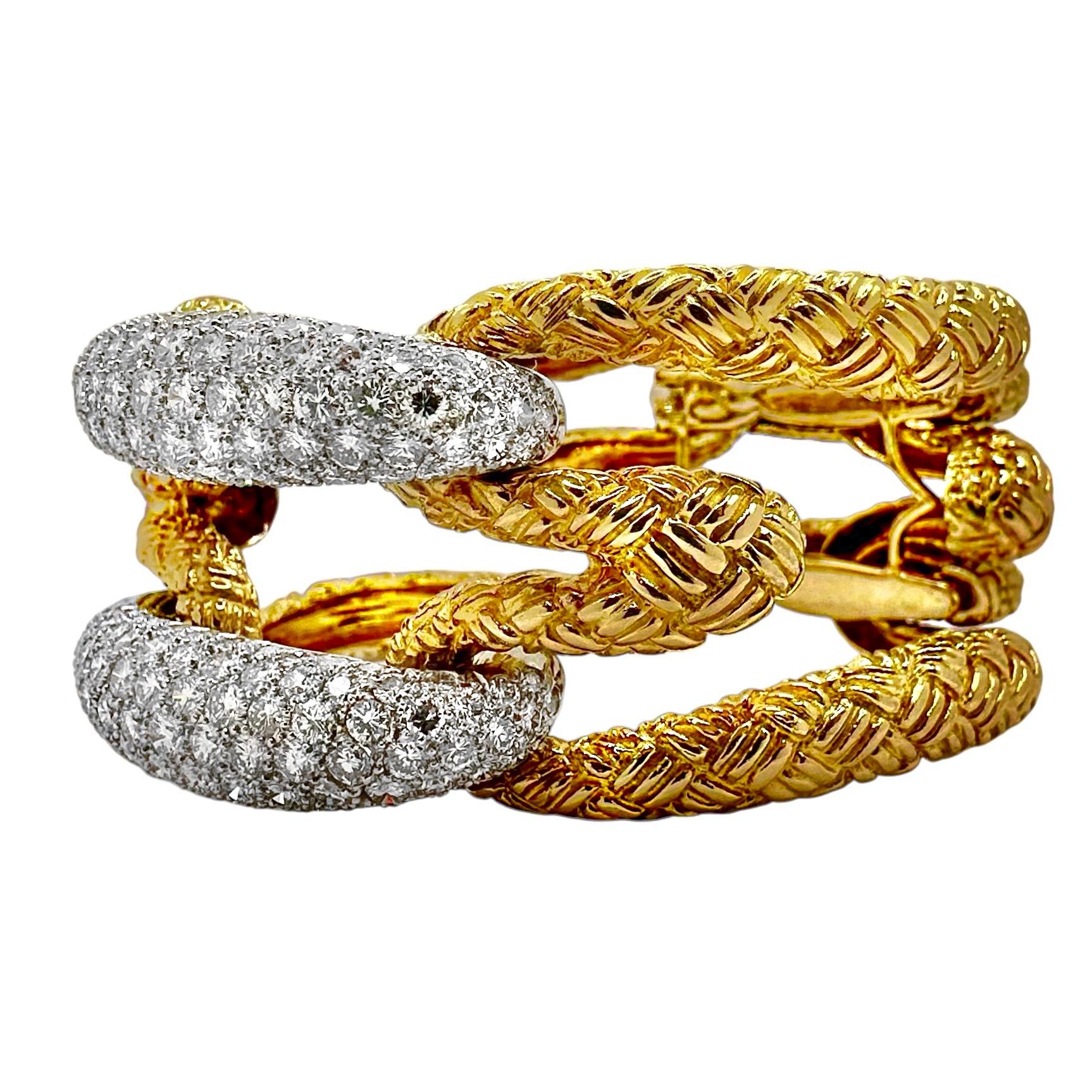 Modern Outstanding French 18K Yellow Gold & Diamond Cocktail Bracelet 1.25 Inches Wide For Sale