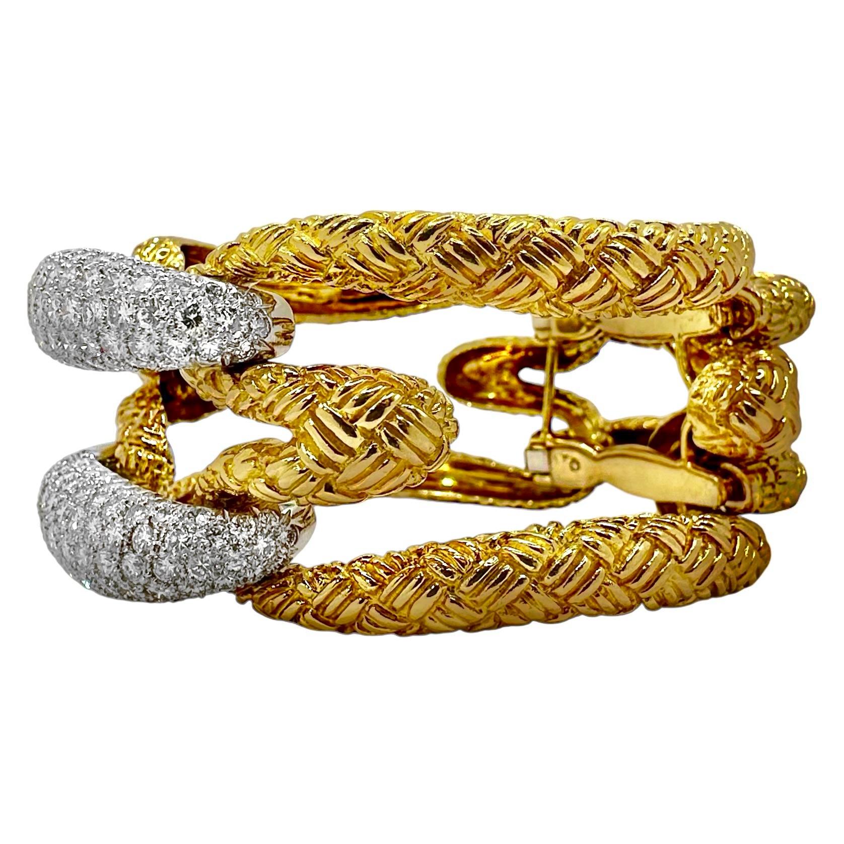 Brilliant Cut Outstanding French 18K Yellow Gold & Diamond Cocktail Bracelet 1.25 Inches Wide For Sale