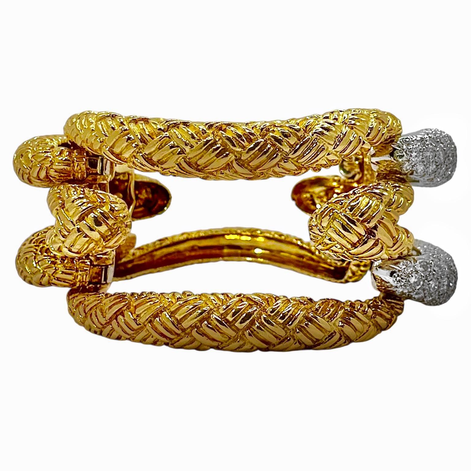 Women's Outstanding French 18K Yellow Gold & Diamond Cocktail Bracelet 1.25 Inches Wide For Sale
