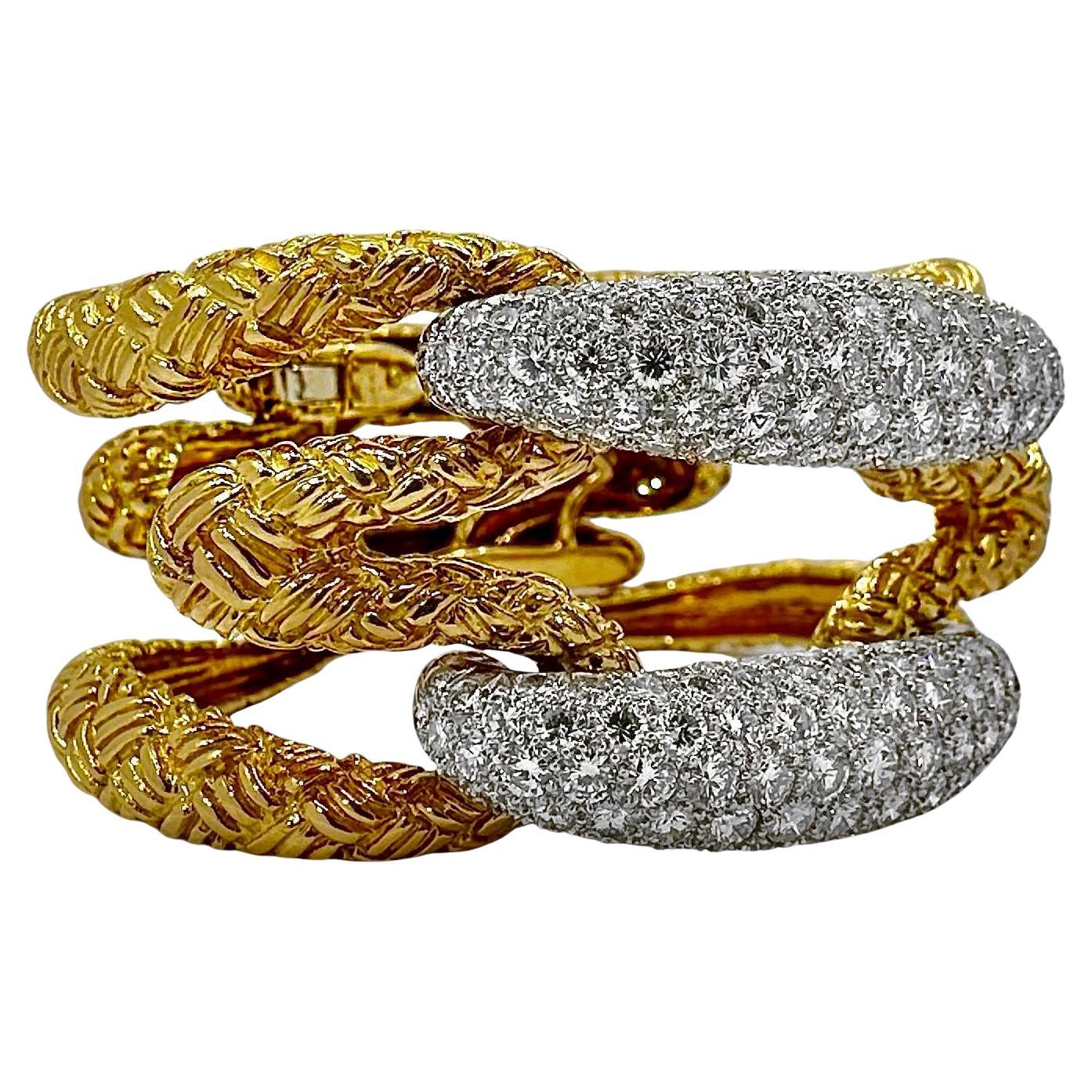 Outstanding French 18K Yellow Gold & Diamond Cocktail Bracelet 1.25 Inches Wide For Sale 1