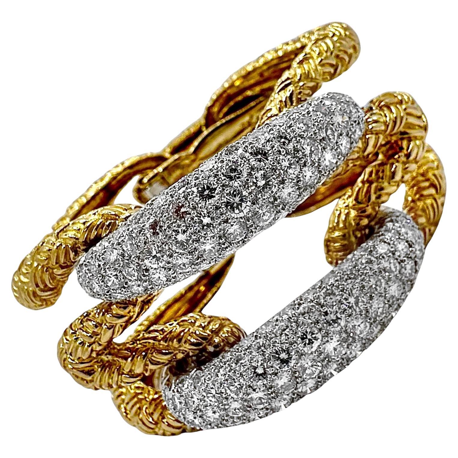 Outstanding French 18K Yellow Gold & Diamond Cocktail Bracelet 1.25 Inches Wide For Sale
