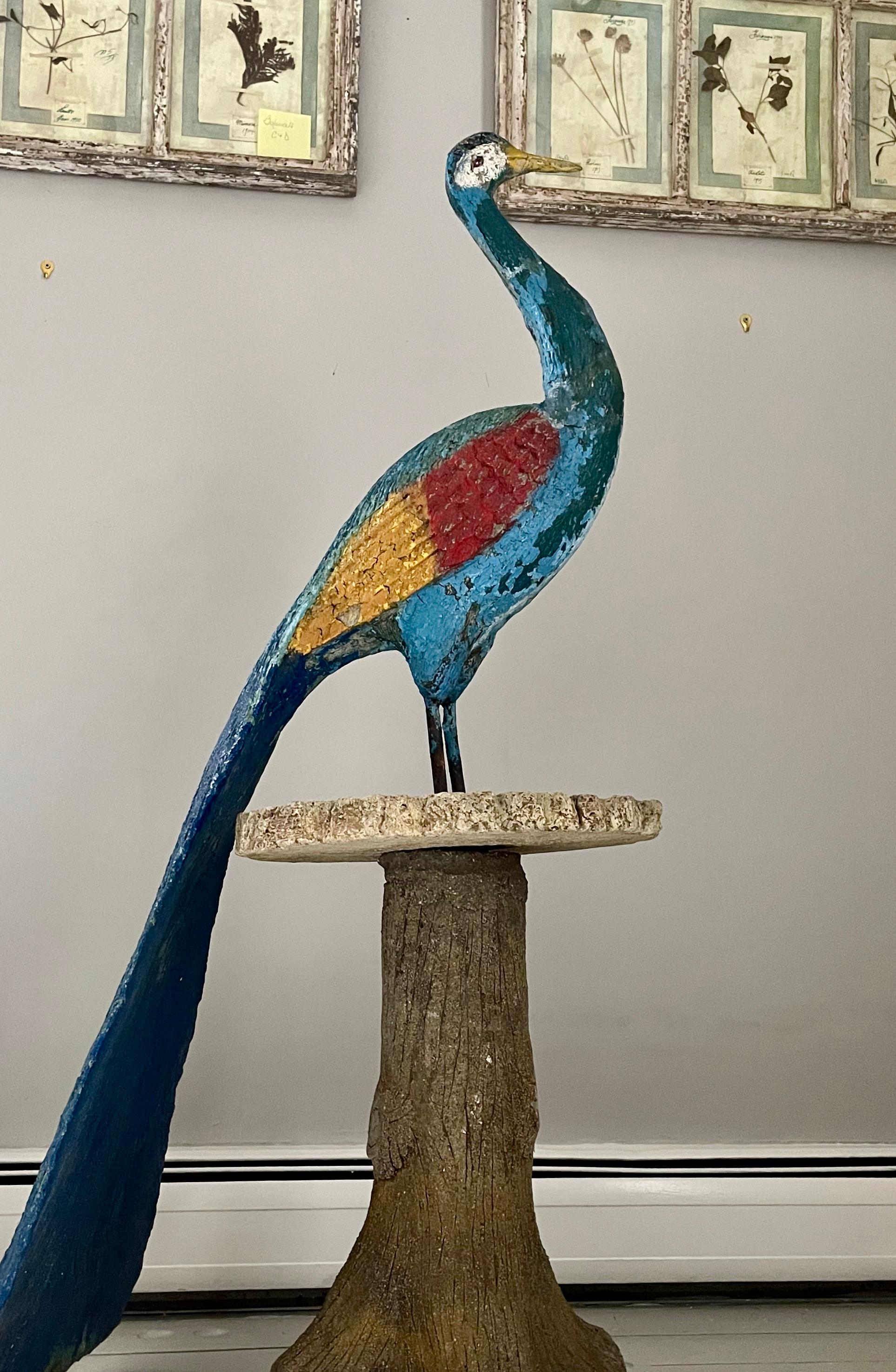 We are long-time fans of French Art Populaire animal statues made in the 1930s to 1950s but we have never seen a peacock, let alone one on a faux bois table! Sadly his neck was broken in transport but we have finally had him restored and our guy did
